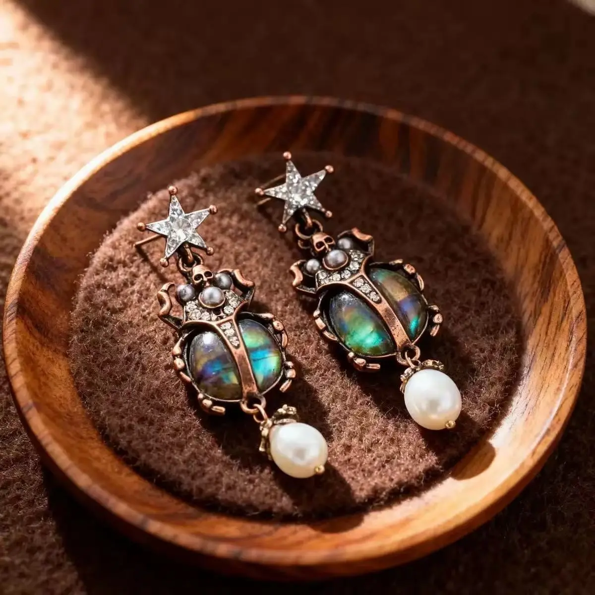 Vintage Beetle Earrings, Halloween Fun Jewelry, Women's Dangle Earrings, Unique Beetle Design with Abalone Shell Pendant, Egyptian Style, Halloween Gift