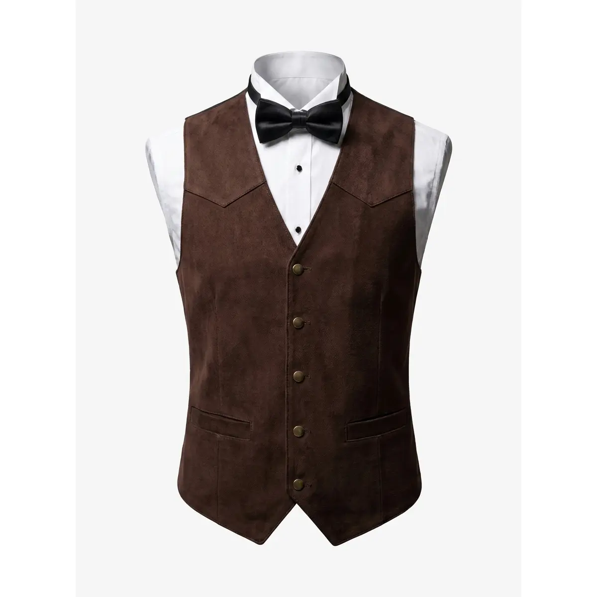 Men's Western Faux Suede Vest Vintage Cowboy Style V‑Neck Waistcoat With Brass Buttons Casual