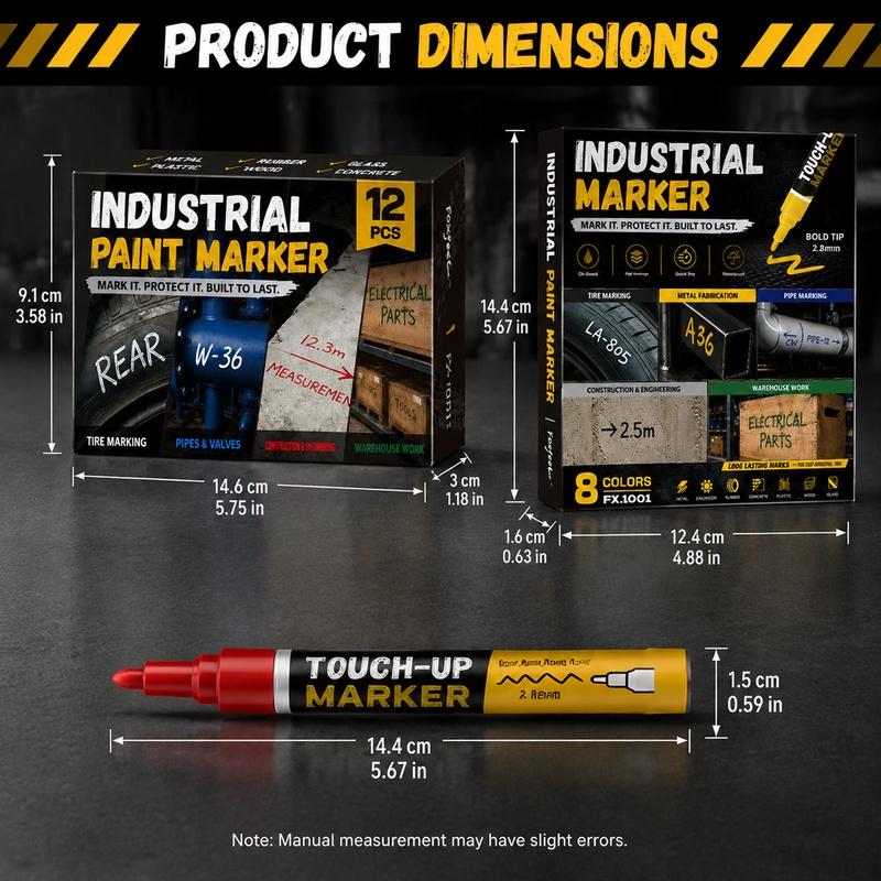 8/12 Colors Industrial Paint Markers, Thick Chisel Tip Permanent Paint Pens, Smooth Ink Flow Waterproof Markers for Metal, Steel, Concrete, Plastic, Wood, Construction Site, Warehouse and Workshop