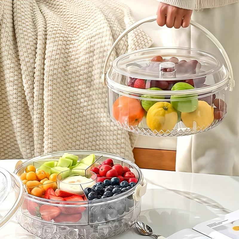 Multi Compartment Divided Serving Tray with Lid & Dip Cup, Rotating Fruit Platter for Party Picnic, Portable Fridge Organizer & Food Storage Container