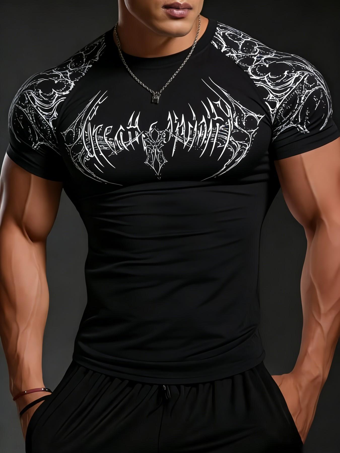 Men's High Elastic Quick-Dry Sports Short Sleeve Shirt, Geometric Print Gym Training Top, Casual Loose-Fitting Long Sleeve Tee