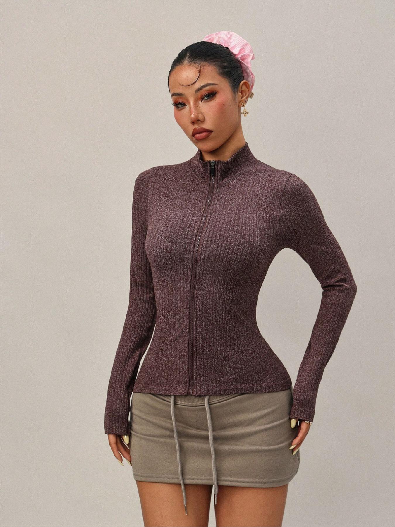 Women's Seamless High Stretch Knit Stand Collar Zipper Cardigan Jacket, Sports Yoga Jacket, Yoga Fitness Sport Comfort Spring Summer Outerwear, Yoga Jacket Top