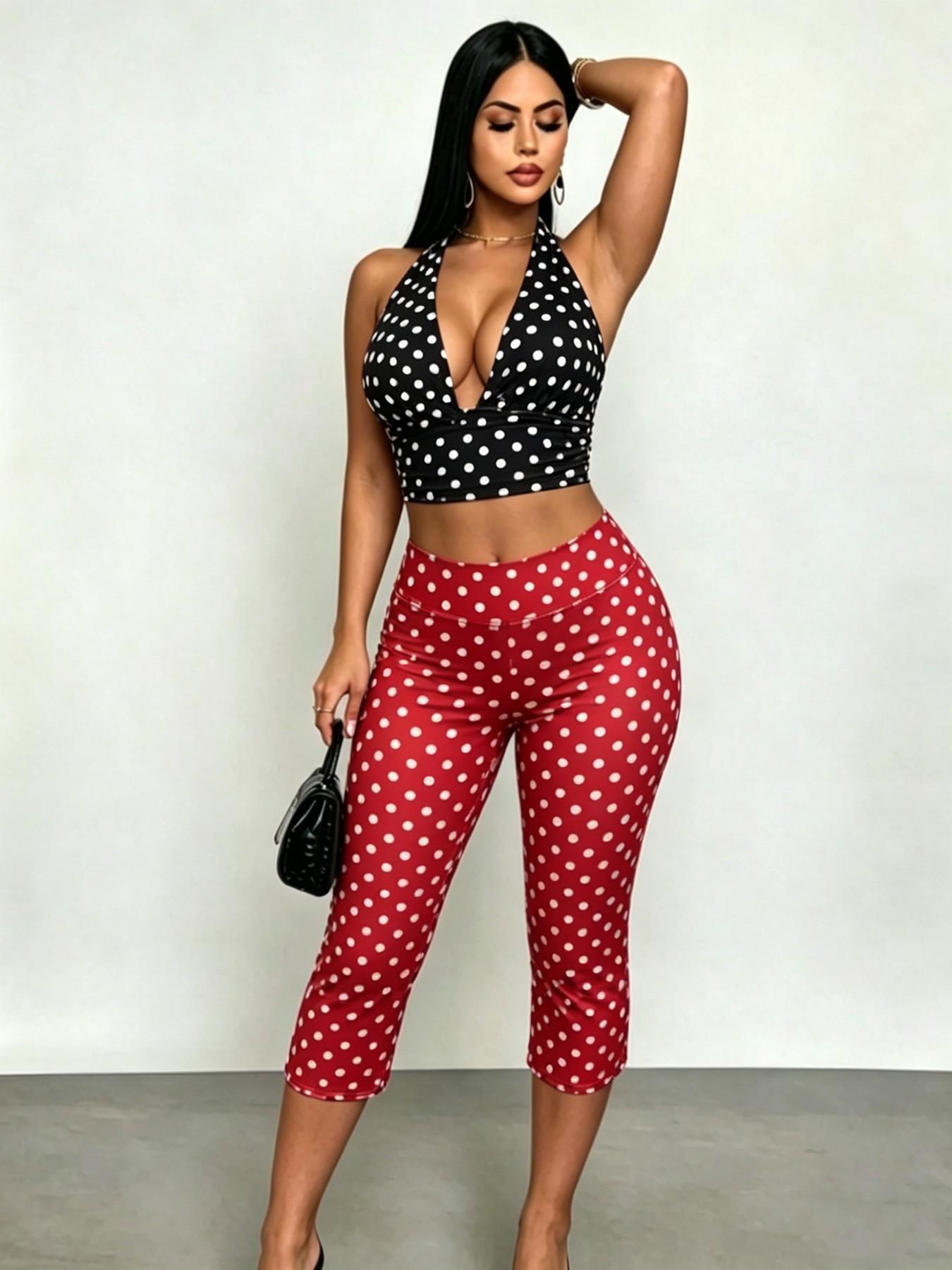 Tiktok Viral 2026 Women's 2 Pack Polka Dot Set, Halter Neck Deep V Crop Top & High Waisted Capri Leggings, Y2K Retro Streetwear, Outfit, Stretchy