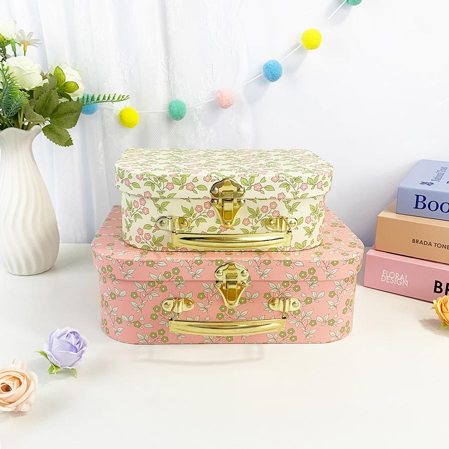 2pcs Pink Floral Suitcase Gift Box, Cardboard Decorative Storage Box, Home Storage Box with Latch and Metal Handle, Suitable for Home Decor, Household, Bedroom Storage, Valentine's Day, Christmas, Thanksgiving, Birthday, Anniversary