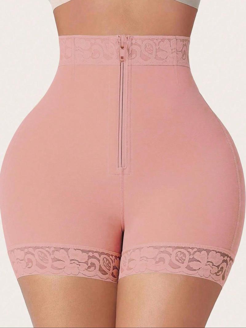 Women's Plain Lace Trim High Waist Shaping Leg Shaping Bottom, Tummy Control Compression Butt Lifting Zipper Shorts, Women's High Waisted Shapewear Bottoms for Daily Wear