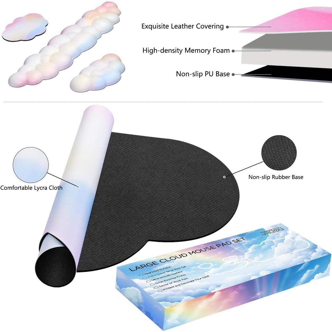 Large Cloud  Pad  with Cloud Keyboard Wrist Pad and Cloud  Wrist Pad Set,   Desk Wrist Support Mousepad for Keyboard and  35.4x15.7in Rainbow