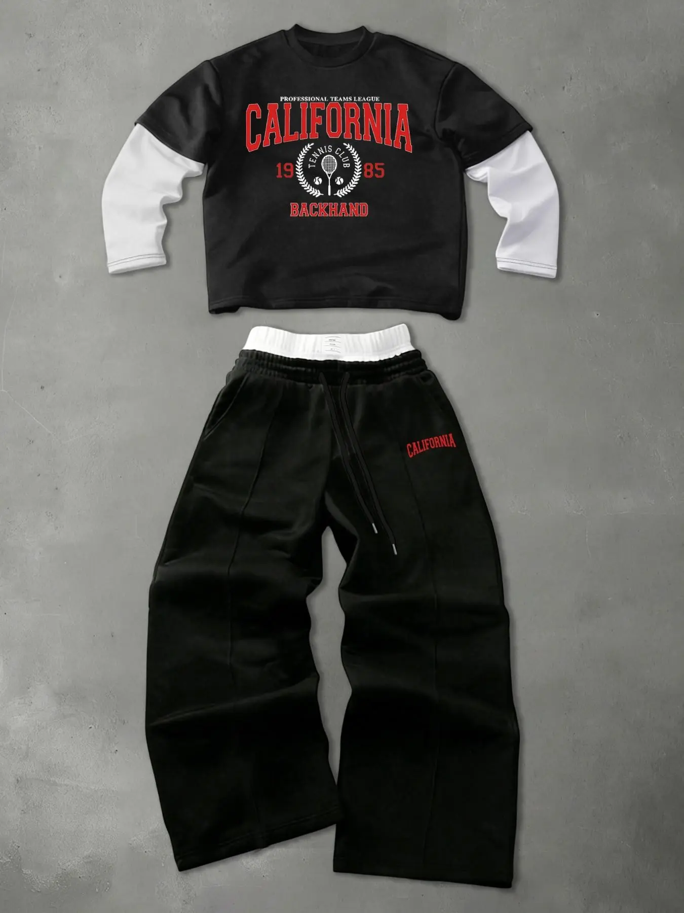 Men's two-piece fashion set, including a printed long-sleeved T-shirt and trousers, featuring letter and small pattern prints.  This sporty set is suitable for everyday wear, vacations, and outdoor activities.