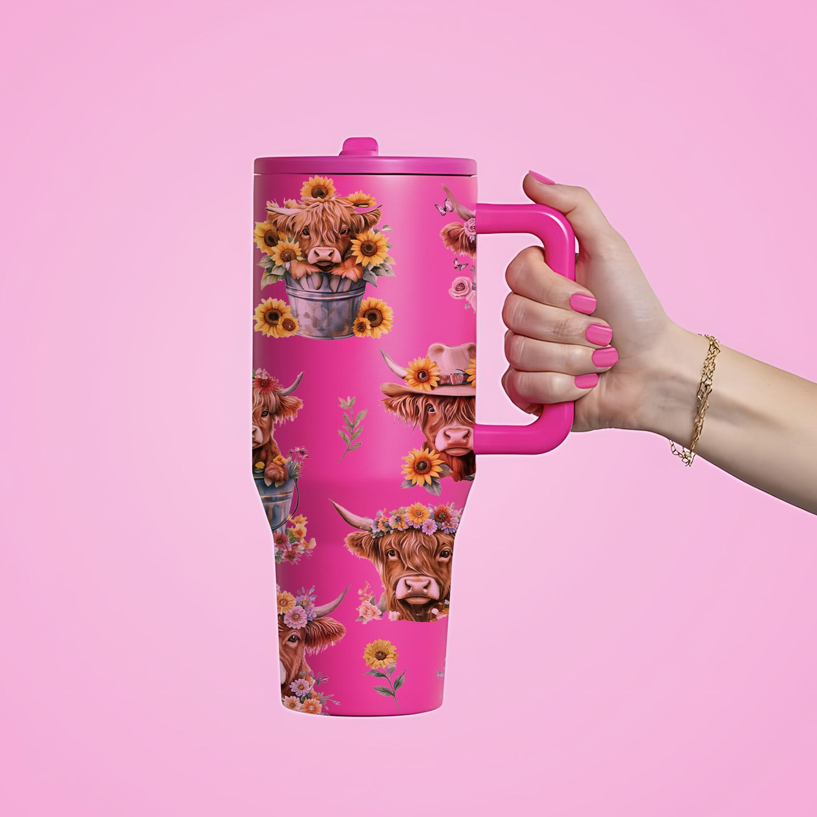 AuraCup 1pc 40oz Insulated Tumbler with Handle and Lid, Highland Cow Floral Farm Style Stainless Steel Travel Cup, Cute Cowgirl Sunflower Design Coffee Water Mug, Double Wall Vacuum Tumbler for Hot Cold Drinks, Perfect Gift for Farm Lovers, Country Wester