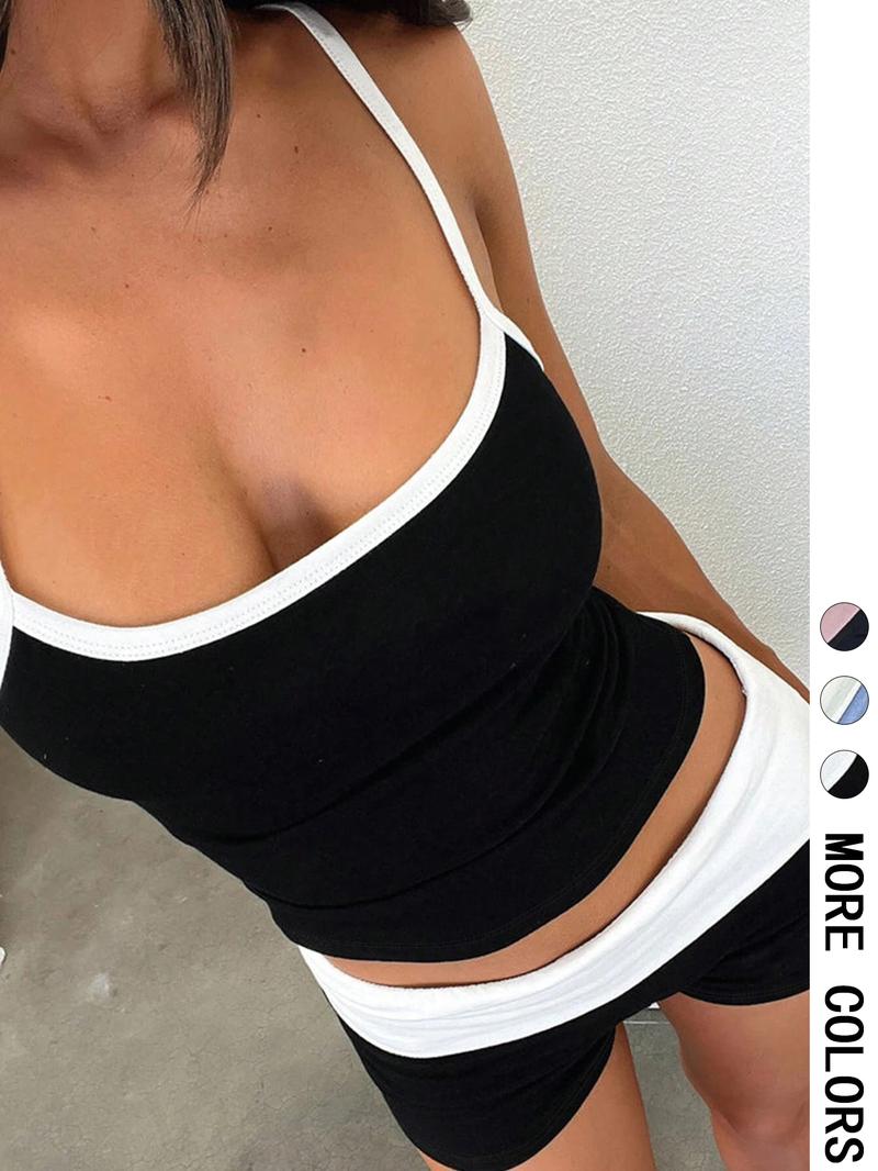 Women's Colorblock Crop Tank Top & Shorts Set, Sporty Casual Two-piece Outfits for Summer, Women's Clothing for Indoor Outdoor Wear, Sporty Style Clothes