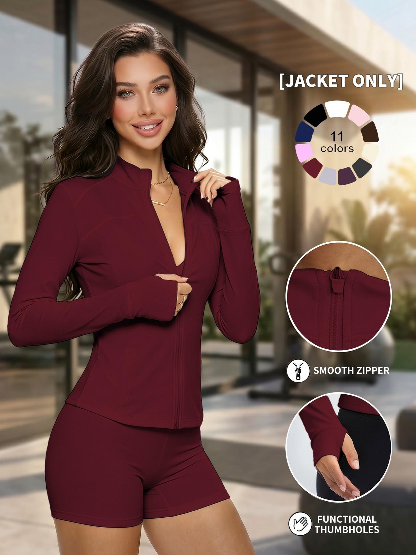 Women's Plain Zipper Yoga Top, Sporty Slim-Fit UV-Protective Jacket, V-Neck Long Sleeve, Spring Summer Outdoor Gym Wear, Activewear