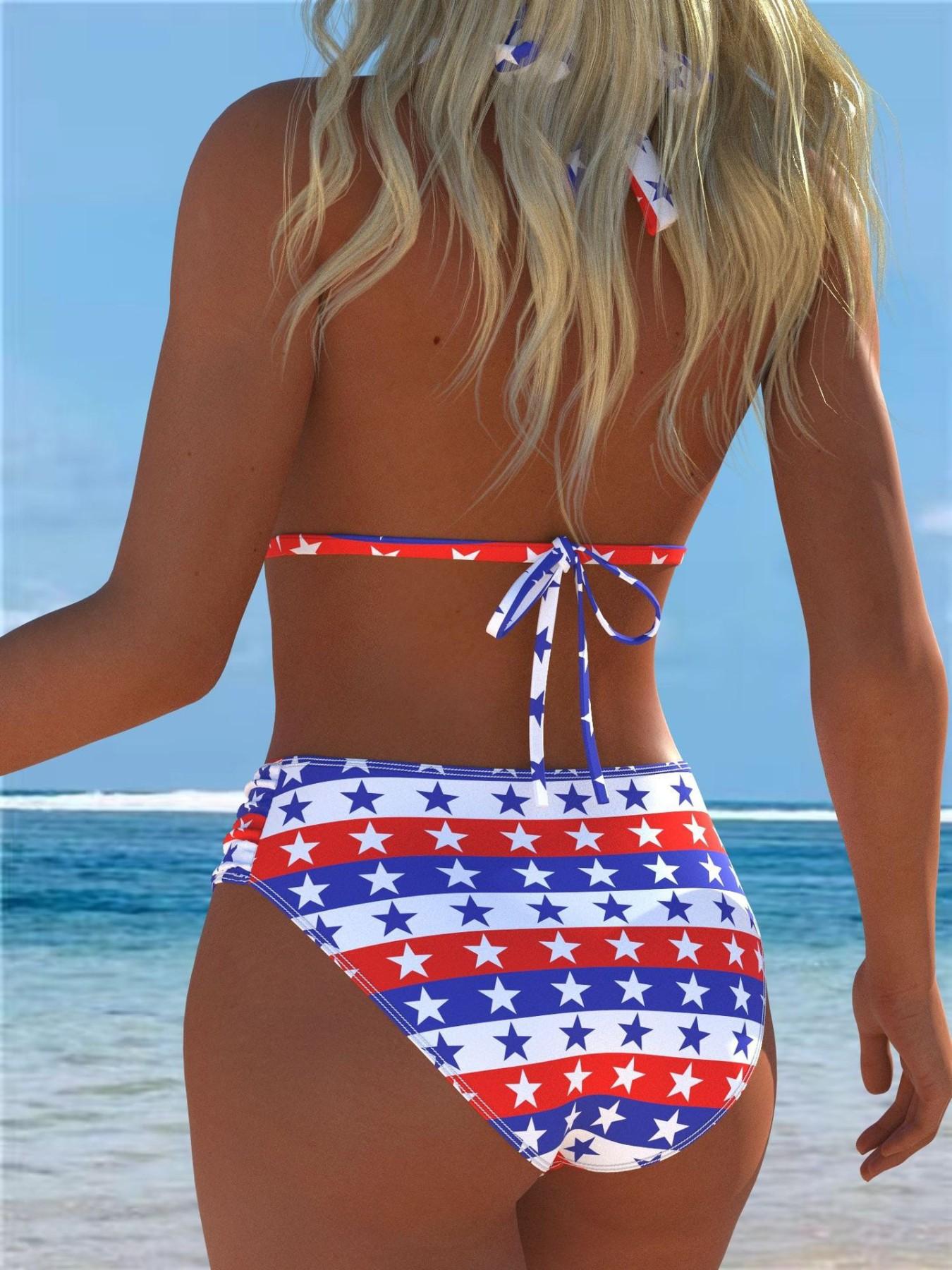 Women's Sexy Bikini Two-Piece Swimsuit, Star Flag Print Halter Neck Design, Deep V Back Tank Top & Bottoms, Summer Beachwear, Swimwear Sets