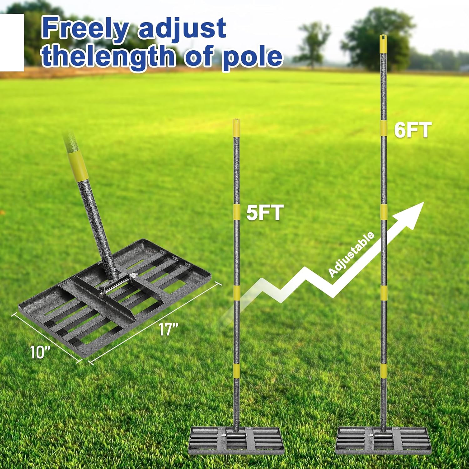 Lawn Leveling Rake | Levelawn Tool | Level Soil or Dirt Ground Surfaces Easily | 18" x 10" Ground Plate | rakes for lawns Heavy Duty 72" Extra Long Handle | Extracted Iron Metal Black