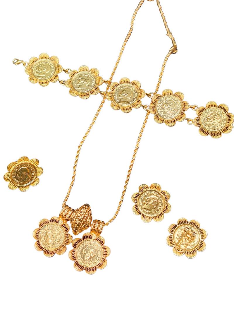 24K Gold Middle Eastern Luxury Vintage Coin Set: Multi-layered Bracelet, Necklace, Ring and Earring Collection - An Exclusive Celebratory Jewelry Gift for Women