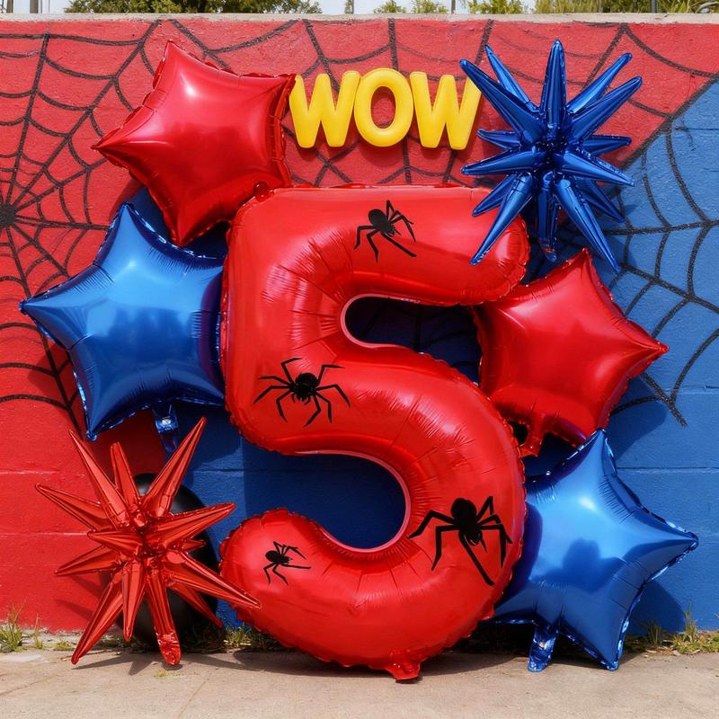 Spider Theme 32 Inch Number Aluminum Balloon with Stickers & Star Balloons, Balloon Party Supplies, Ideal for NewYear, Birthdays, Superheroes, Festivals