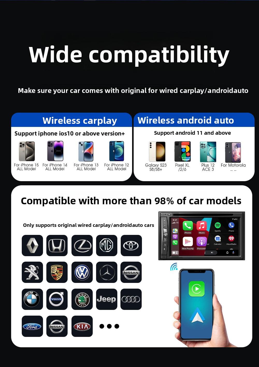 2in1 Wireless CarPlay & Android Auto Adapter, 5GHz Plug & Play Wired to Wireless Car Converter