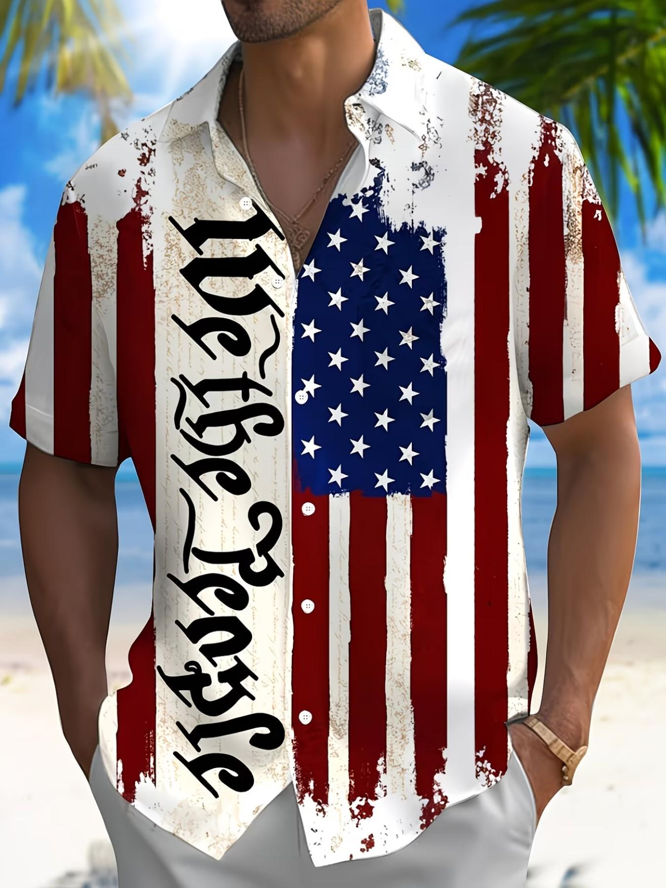 Men'S Short-Sleeve Shirt with Flag Print, Perfect for a Holiday Vibe And Casual Gatherings
