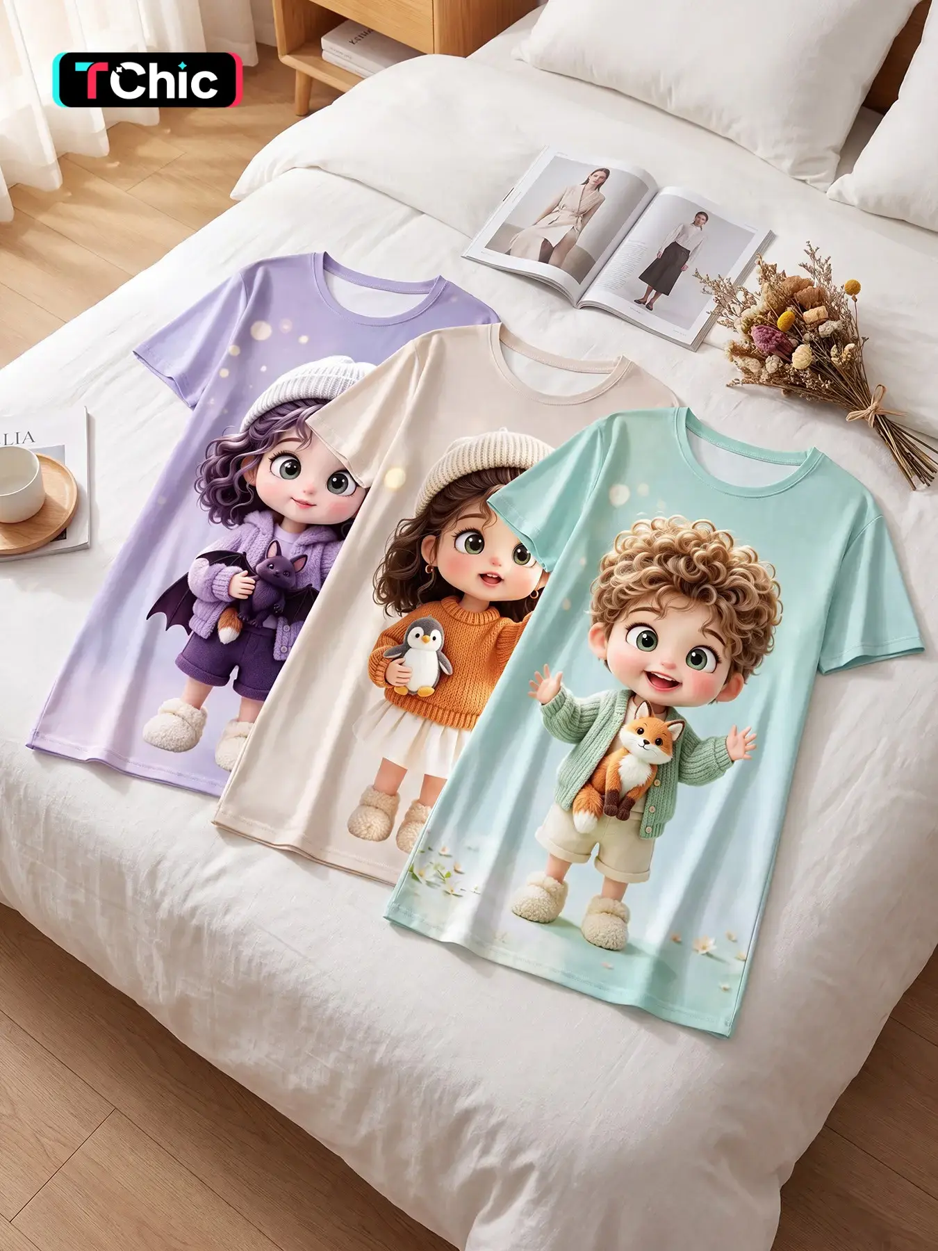 3 Pack Women’s Short Sleeve Crew Neck Sleep Dress, All Season Wear, Dreamy Fairytale Cartoon Print, Bat Penguin Fox Soft Nightgown for Reading, Daydreaming and Creative Home Photos