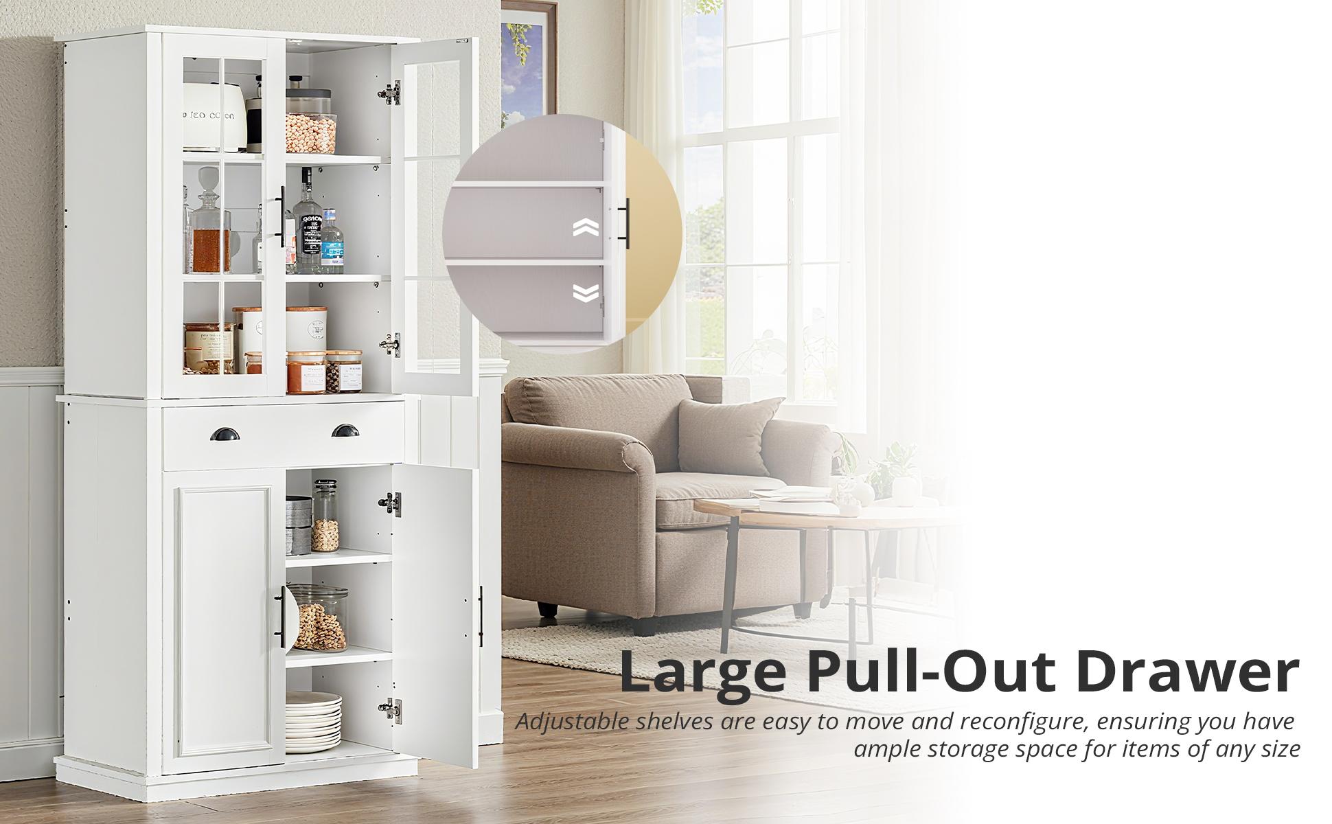 【2 Packages Shipping】IRONCK Kitchen Pantry Cabinet 72" Height, Freestanding Cupboard with Drawer, Sliding Storage Rack, and 6 Hanging Shelves for Dining Room, Laundry