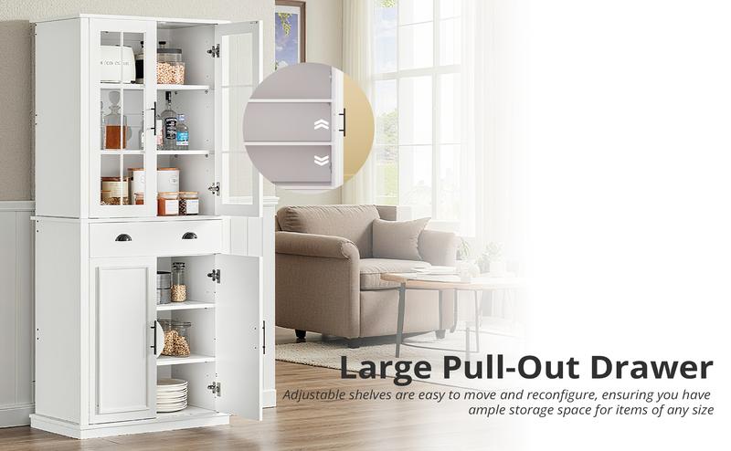 【2 Packages Shipping】IRONCK Kitchen Pantry Cabinet 72" Height, Freestanding Cupboard with Drawer, Sliding Storage Rack, and 6 Hanging Shelves for Dining Room, Laundry