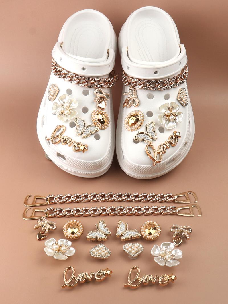 14pcs Fashionable Rhinestone & Letter Decorated Shoes Decorations, Chain & Bowknot Design Shoes Charm Rhinestone Shoes Charms For Vented Clogs Decoration