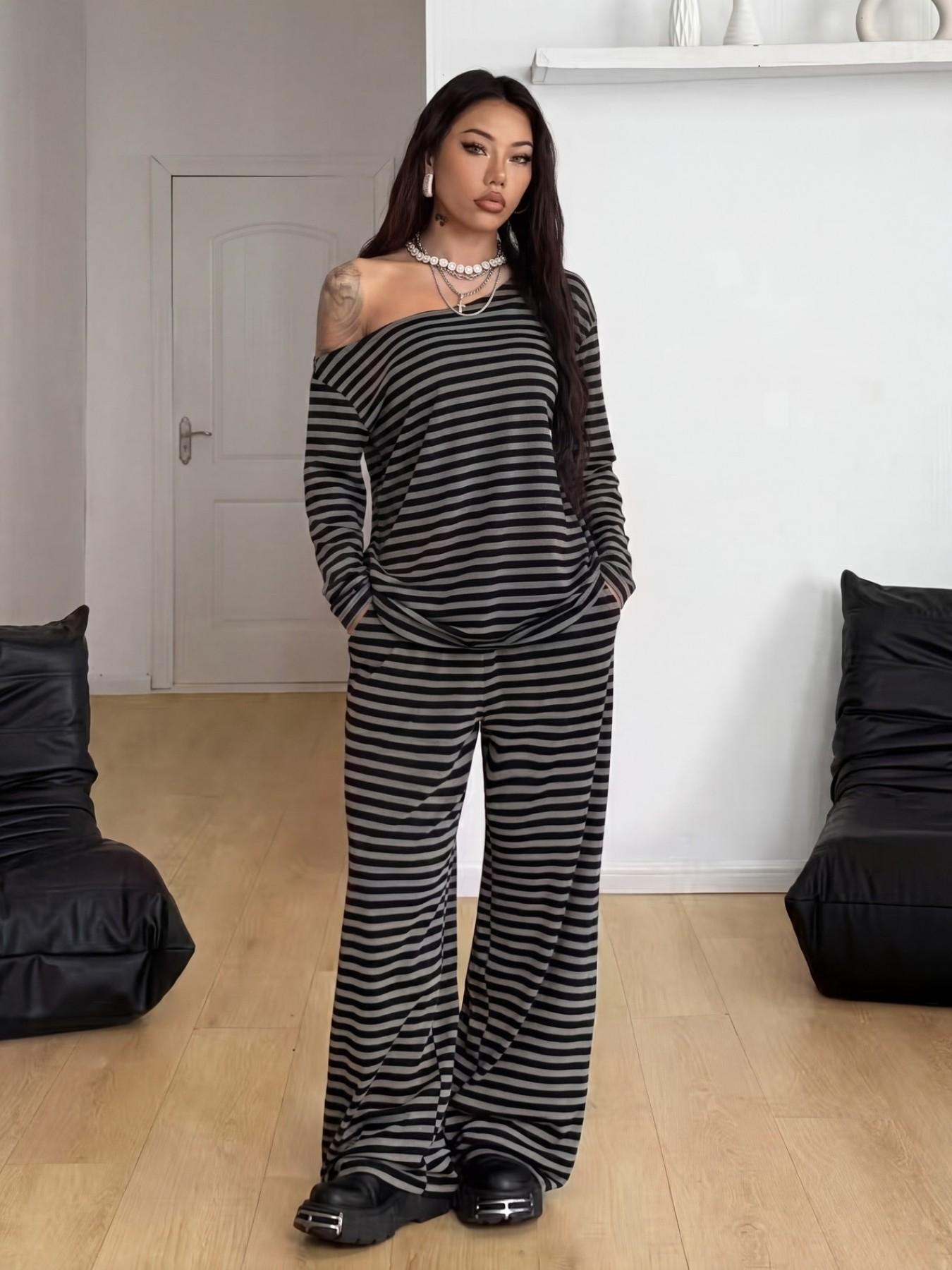 European and American Street Style Four-Season Set, Casual Long Sleeve T-Shirt and Wide Leg Baggy Pants, Comfortable Sportswear for Daily Wear