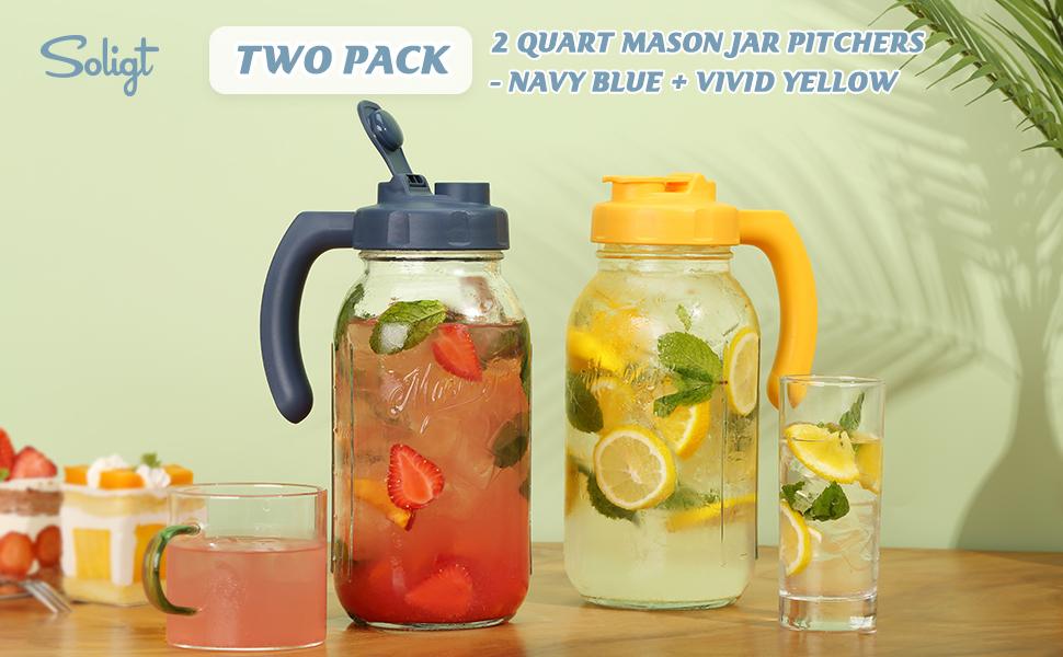 Soligt Glass Mason Jar Pitcher, 2 Pack 64oz(2 Quart /1.9 Liter) Wide Mouth Mason Jar Pitcher with Handle, Airtight and Dishwasher Safe, Iced Brew Coffee Maker Pitcher, Homemade Iced Tea, Pour Spout Handle Lids Kitchen Bottle Container Drink