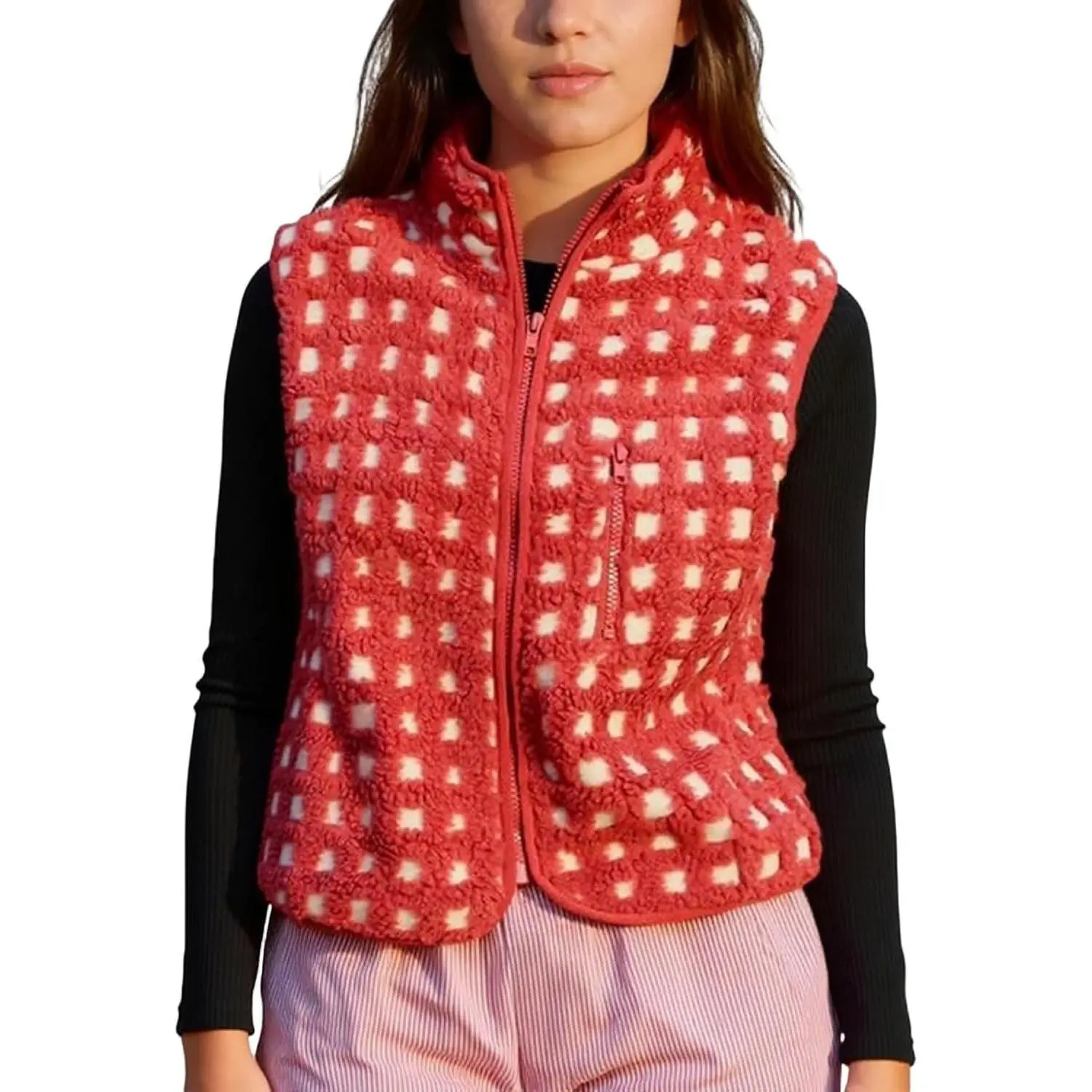 Womens Checkered Sherpa Vest Fleece Jacket Lightweight Zip Up Sleeveless Crochet Plaid Gilet with Pocket