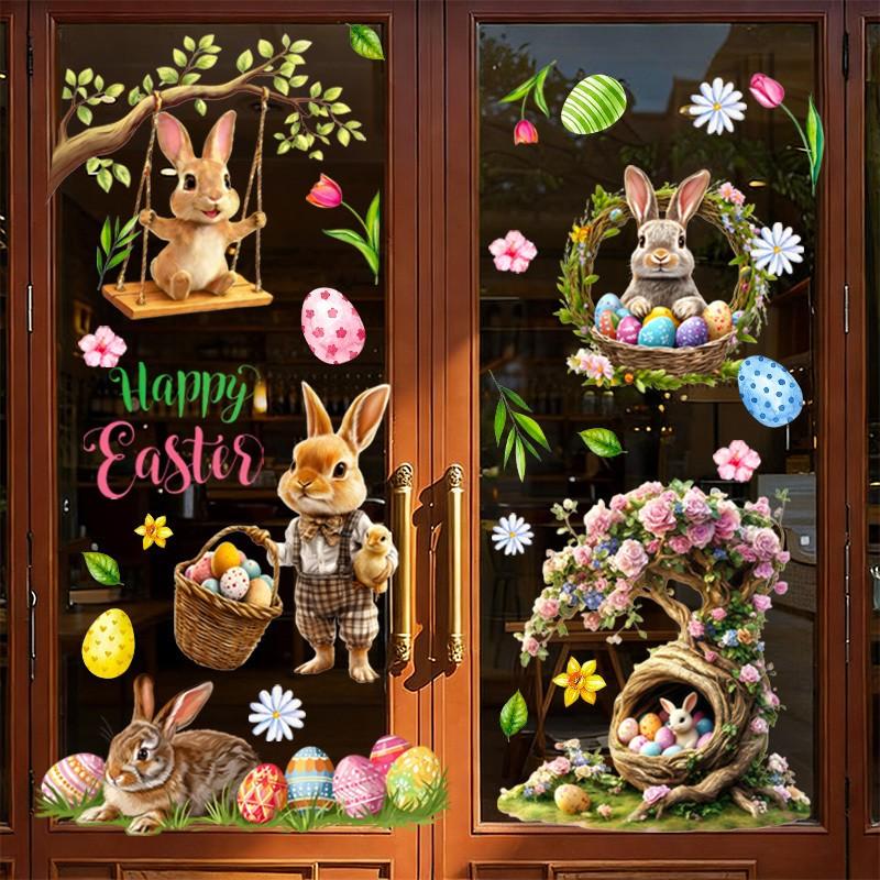 3pcs Easter Bunny & Egg Window Stickers, Floral Design, Wall Decor, Home Decoration, Party Supplies, Unique Gift Idea