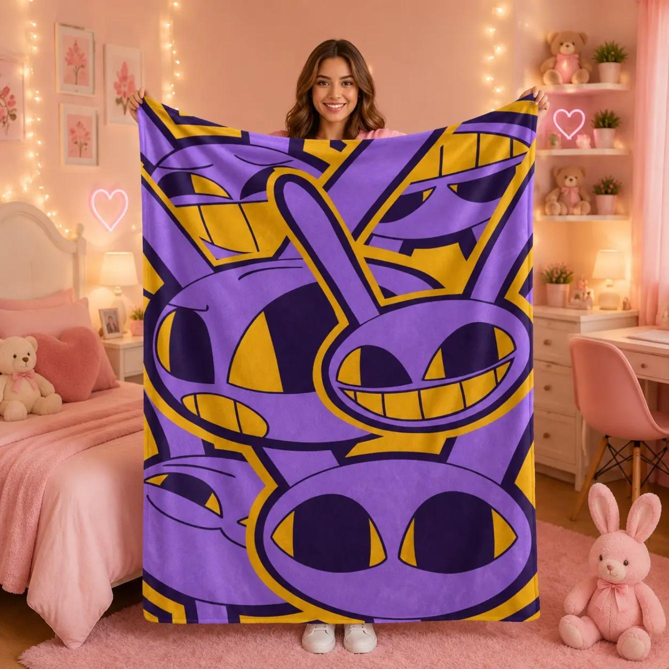 The Amazing Digital Circus Jax Rabbit Repeat Print Flannel Throw Blanket, Purple Yellow Cute Cartoon Character Soft Lightweight Warm Blanket for Sofa Bed Bedroom Travel Camping, Perfect Birthday Christmas Holiday Gift for TADC Cartoon Fans Teens Kids