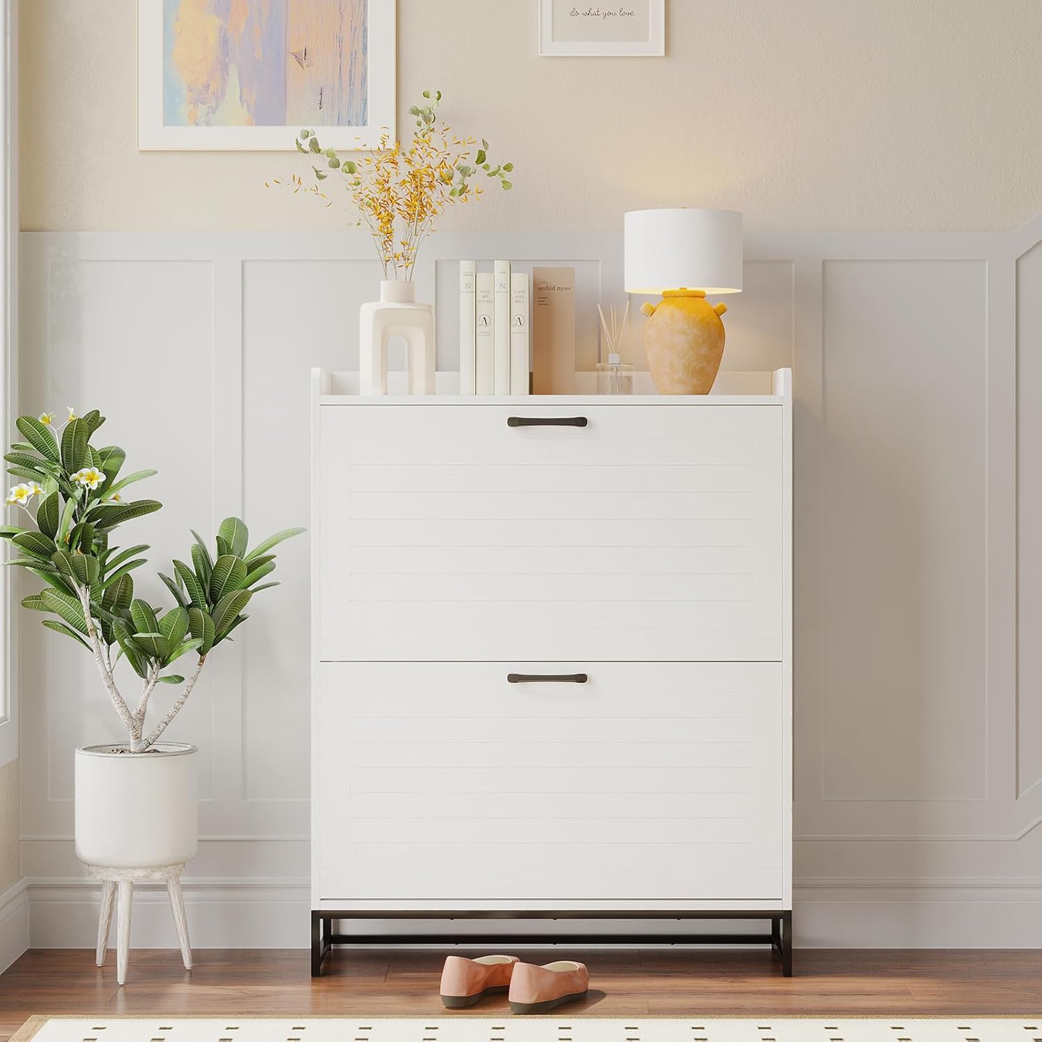 VOWNER Shoe Cabinet with 2 Flip Drawers , Contemporary Slim Shoe Cabinet with Adjustable  Shelves & Metal Legs, Freestanding Shoe Organizer with for Entryway, Hallway, Living Room, White shoe rack organizer