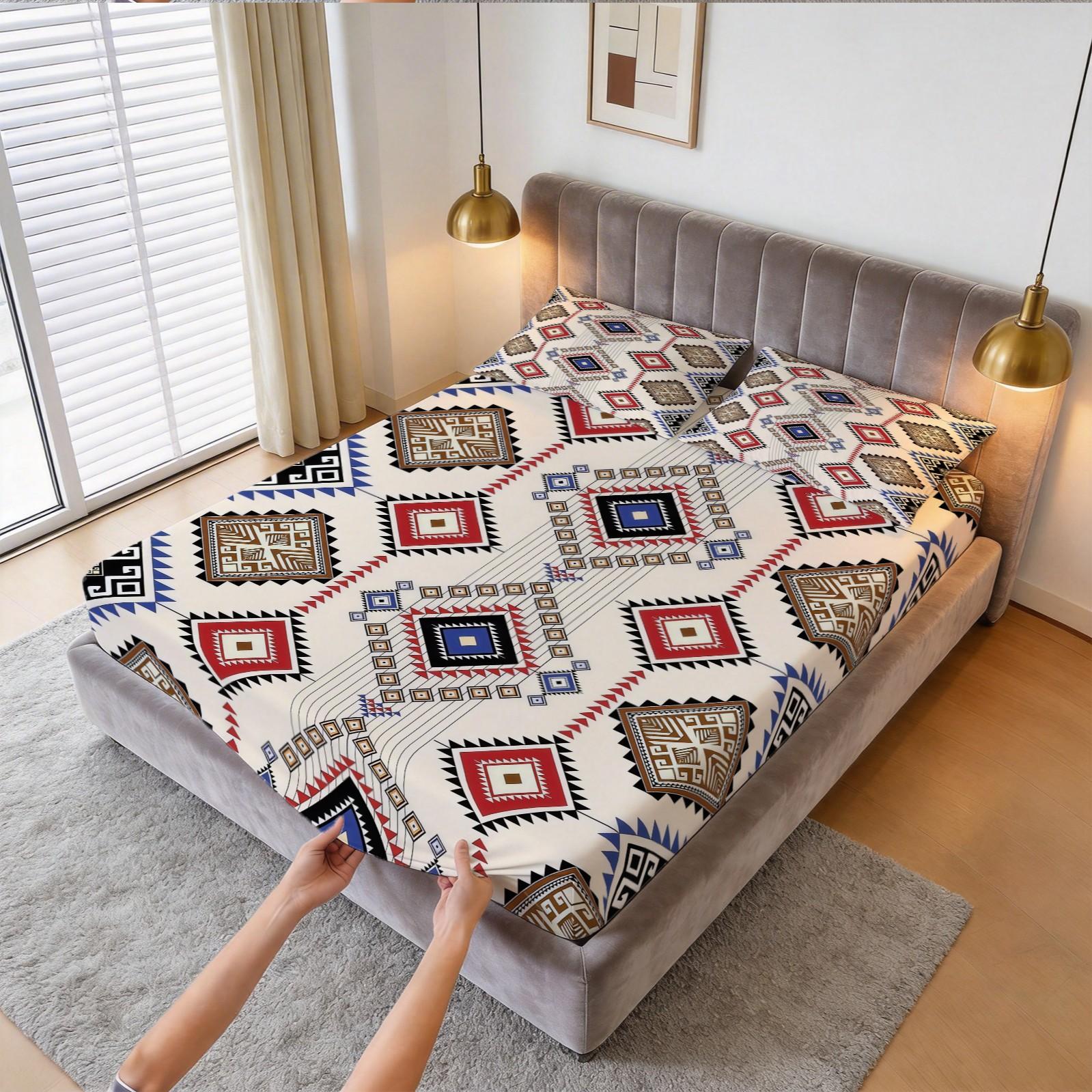 3-Piece Bohemian Style Patterned Bed Sheet Set, Boho Sheets, Including 1 Bed Sheet And 2 Pillowcases (Excluding Pillow Core), Comfortable Bedding, Non Slip Suitable For Bedrooms, Suitable For Children And Teenagers As Gifts And Decorations