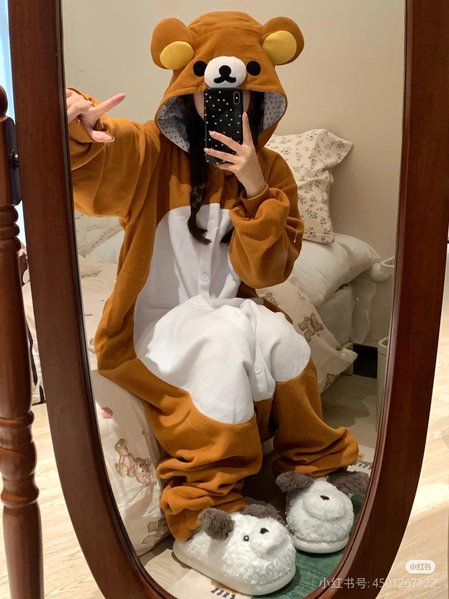 Adult Rilakkuma Kigurumi Bear Sister Onesie - Baggy Longsleeves Loose Polyester Anime Pajama, Oversized Cartoon Jumpsuit Nightwear & Loungewear