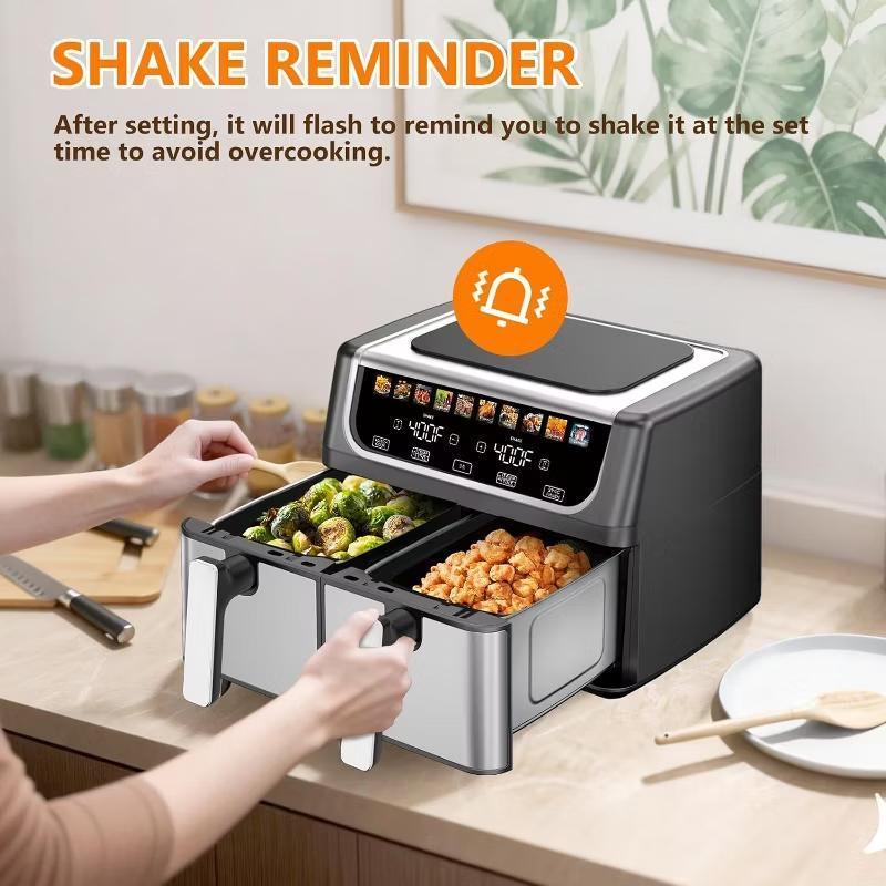 9.5L Large Capacity Double Basket Air Fryer with Independent Dual Zone Temperature Control, 10 One-Touch Preset Cooking Modes, Sync Finish and Match Cook Functions, Stainless Steel Non-Stick Baskets