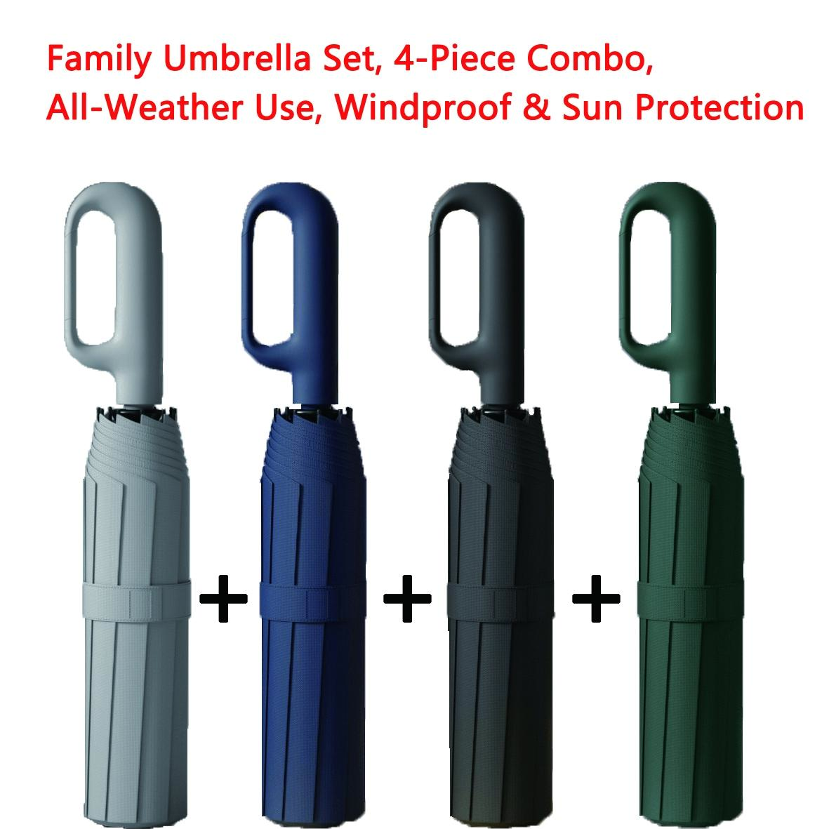 Creative Ring Handle 10k Dual Bone Rain Umbrella Set, Windproof Waterproof, Portable Design, Automatic Opening, Four-Piece Combination, Folding Umbrella, Rainproof Umbrella