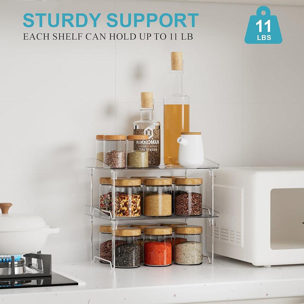 2 Piece Cabinet Storage Rack, Stackable Kitchen Counter Shelf, Spice Rack, Countertop Organizer, Transparent Plastic Storage Rack