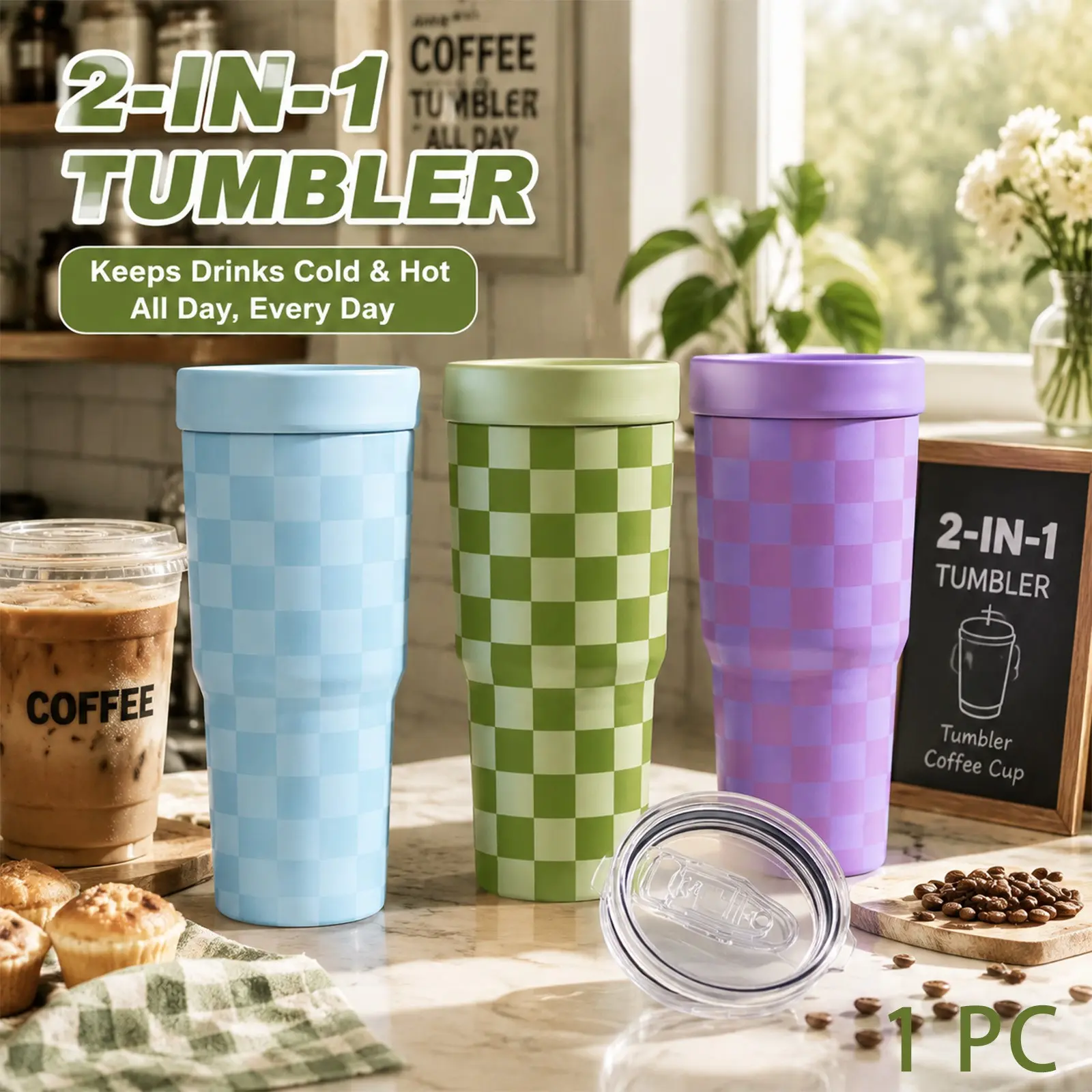 1PC 32oz Checkerboard 2-in-1 Insulated Tumbler & Iced Coffee Cup Sleeve, Leak-Proof Double Wall Stainless Steel Travel Mug, Cold 12+H & Hot 6+H, Fits 16–24oz To-Go Cups, Cup Holder Friendly, Halloween, Thanksgiving & Christmas Gift for Friends & Family