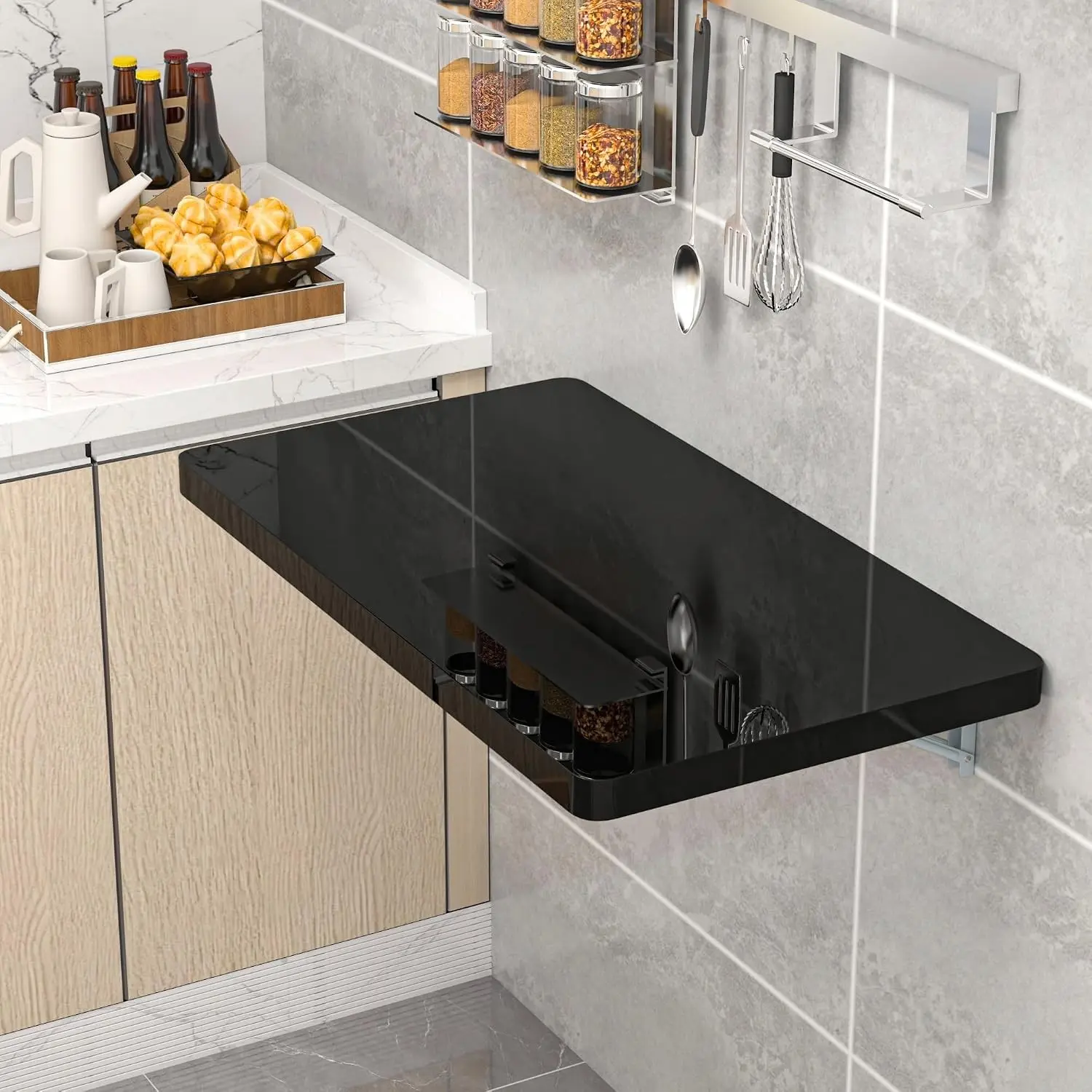 Black Wall Mounted High Gloss Folding Table 23.6" L x 15.7" W, Laundry Folding Table for Laundry Room, Home Office, Kitchen, Bedroom, Home Bar, Wall Desk Fold Down for Small Spaces