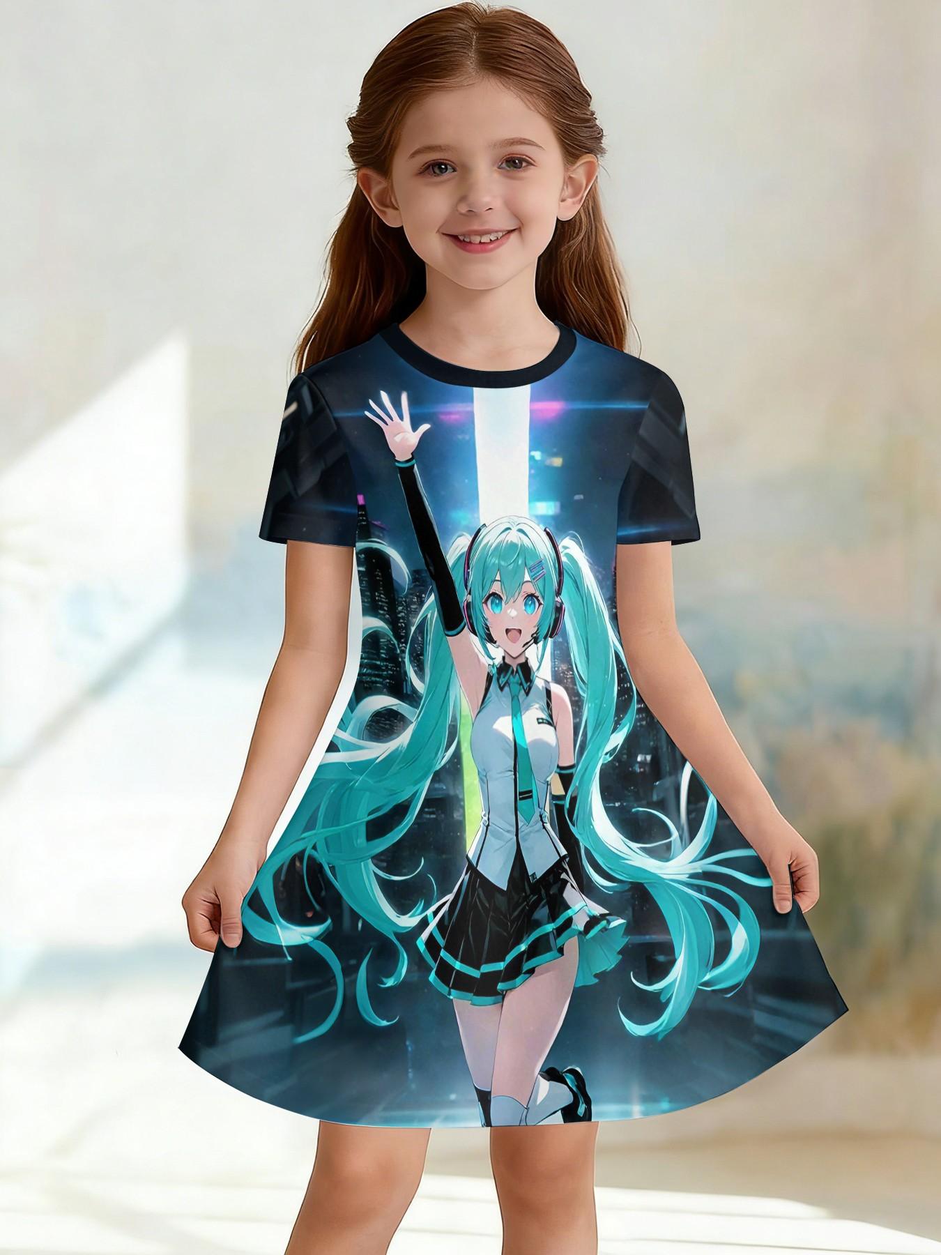 Trendy Girls' Anime Print A-Line Dress, Cute Short Sleeve, Fashionable Outdoor Wear, Perfect Birthday & Holiday Gift