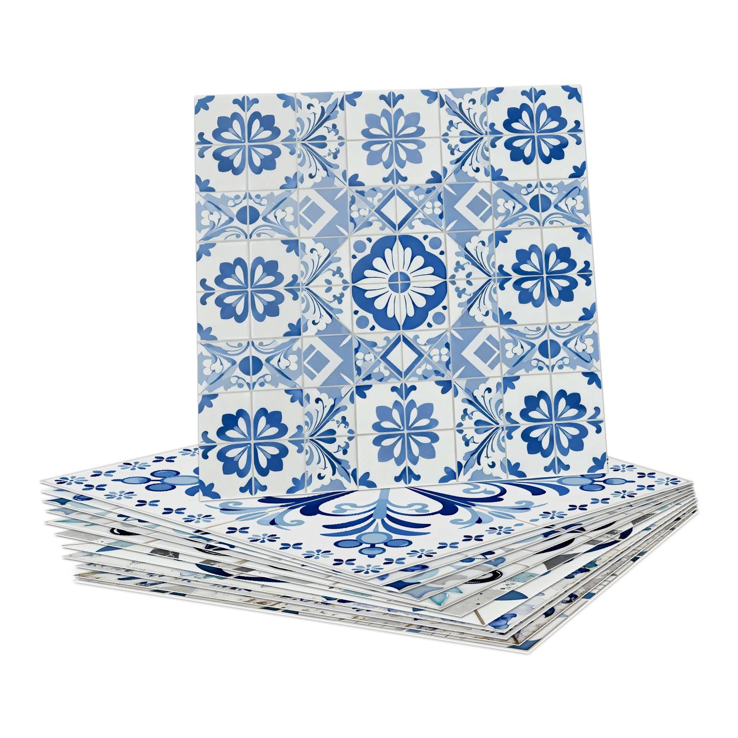 24PCS NHZ Blue Moroccan/Spanish Vintage Floral Tile Stickers, PVC Crystal Film with Mirror Gloss, Peel & Stick Removable No Residue, Easy to Clean Waterproof Wall Decals for Kitchen Bathroom Bedroom Office Indoor Decor