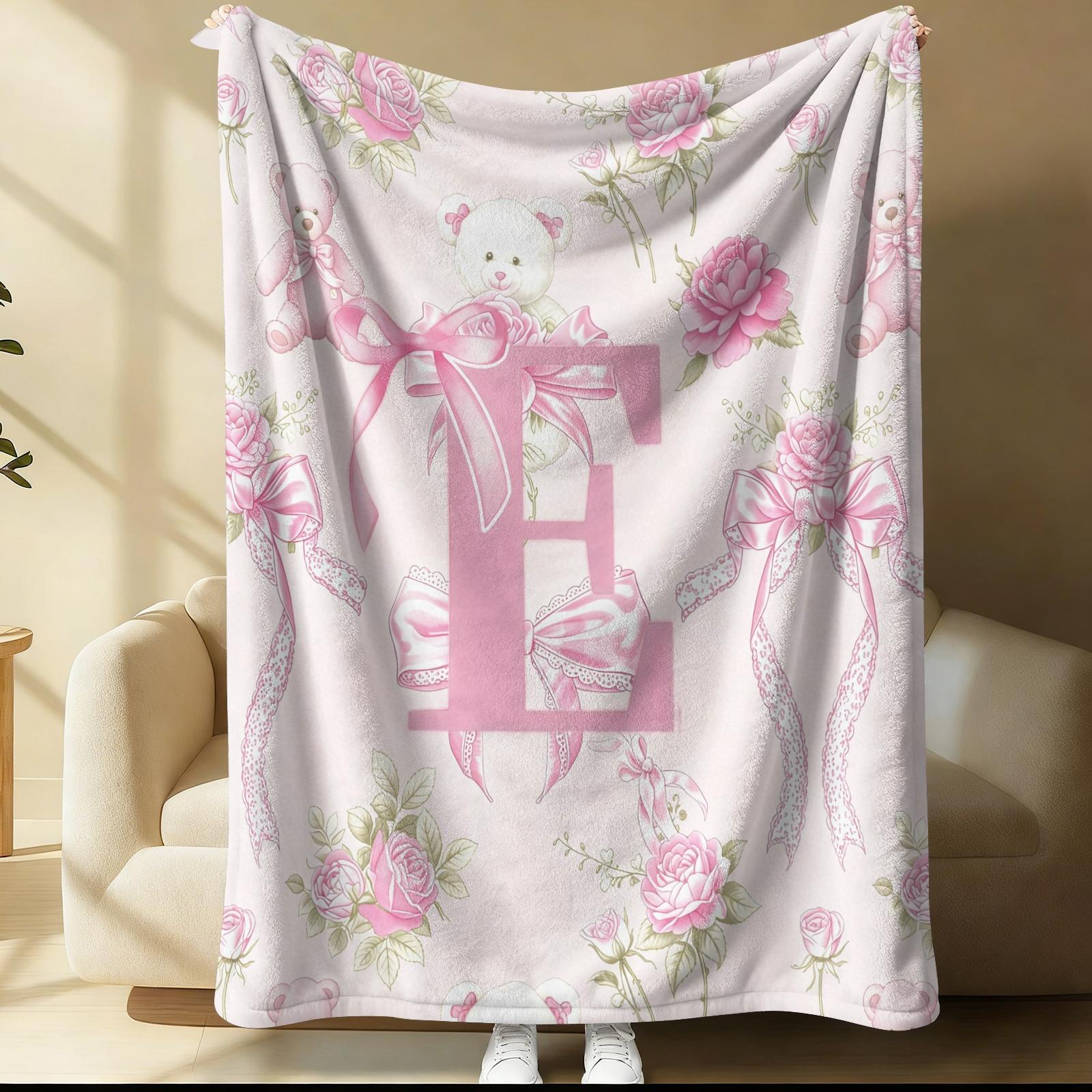 Pink Coquette Initial Letter Throw Blanket, Soft Fuzzy Plush, Teddy Bear & Rose Floral, Girly Bow Print, Lightweight for Couch Bed Office, All Seasons, Aesthetic Room Decor, Perfect Gift