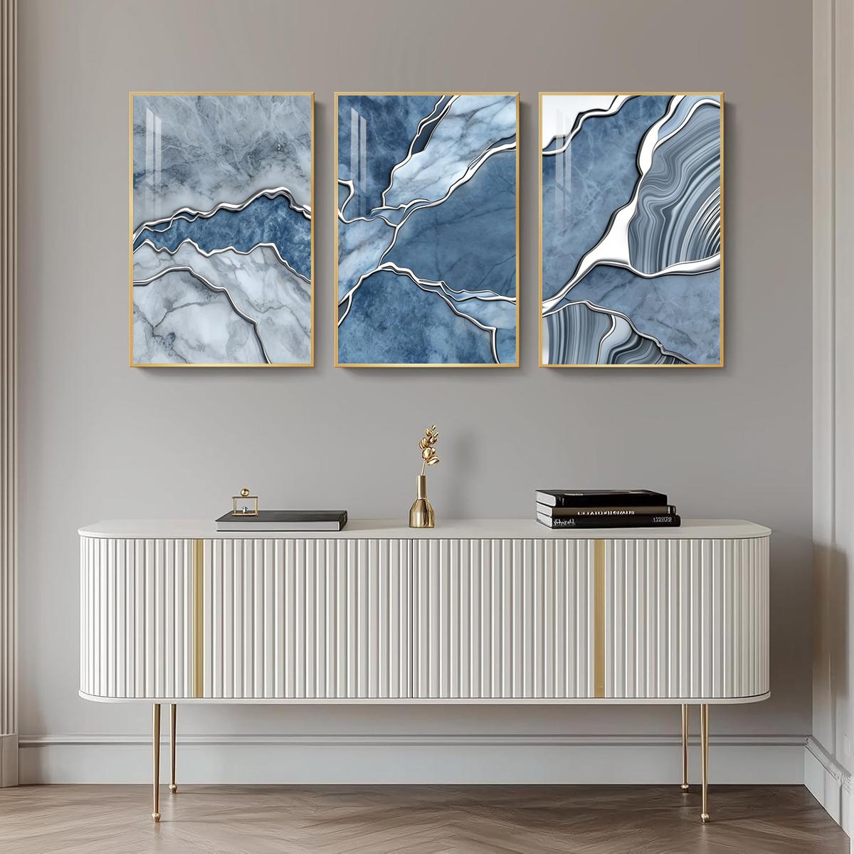 3 Counts Aluminum Alloy Framed Painting, Abstract Blue Marble Texture Art Pictures, Home Decoration For Living Room, Bedroom, Office, Restaurant, Hallway Wall Decor, Odorless Print Artwork, Luxury Perfect Gift For Friends And Family