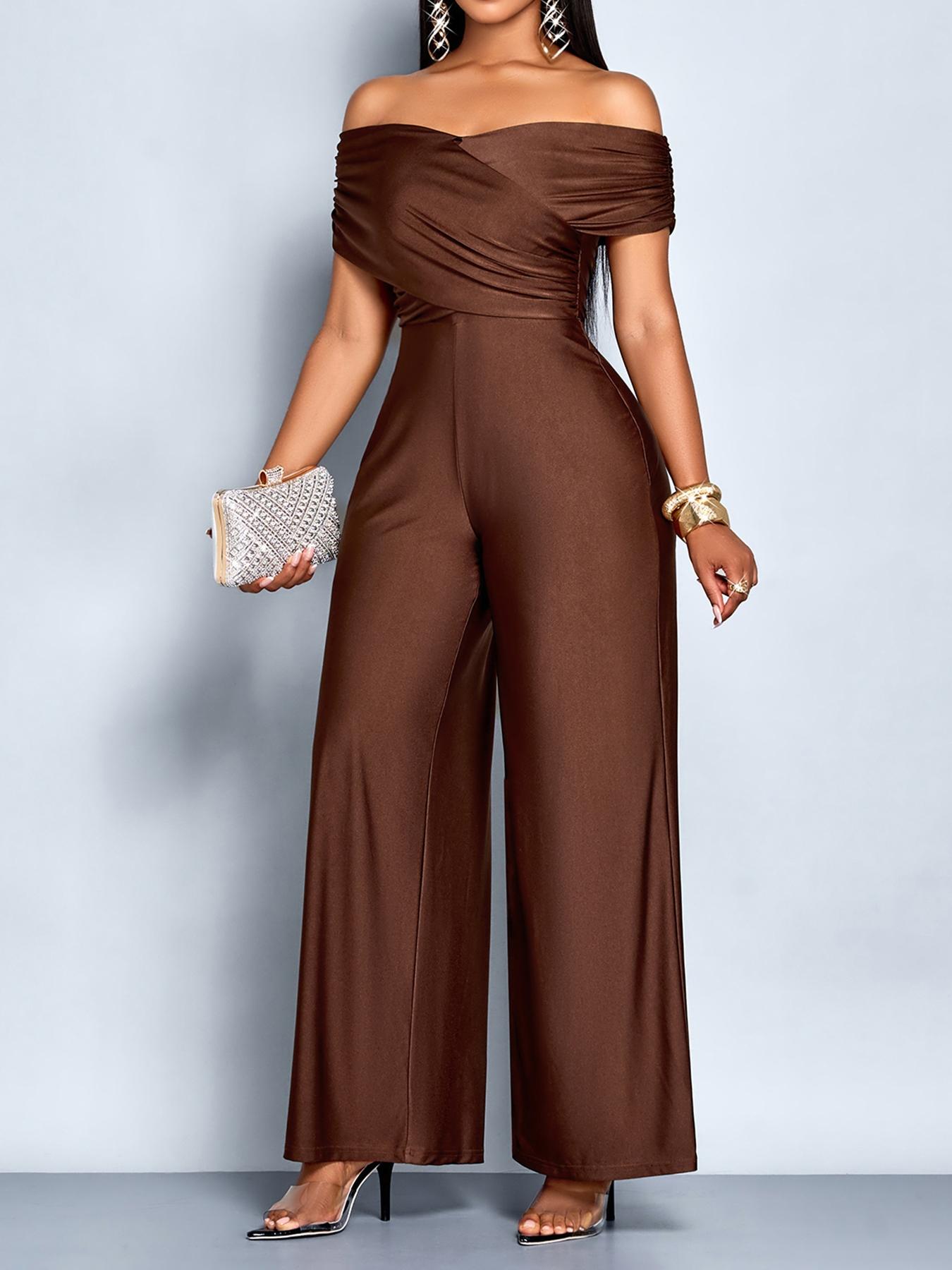 Aliling Elegant Casual Women's Solid Color One-Piece Jumpsuit, Shoulder Cut Out High Waist Straight Leg Pants, All Seasons Slim Fit