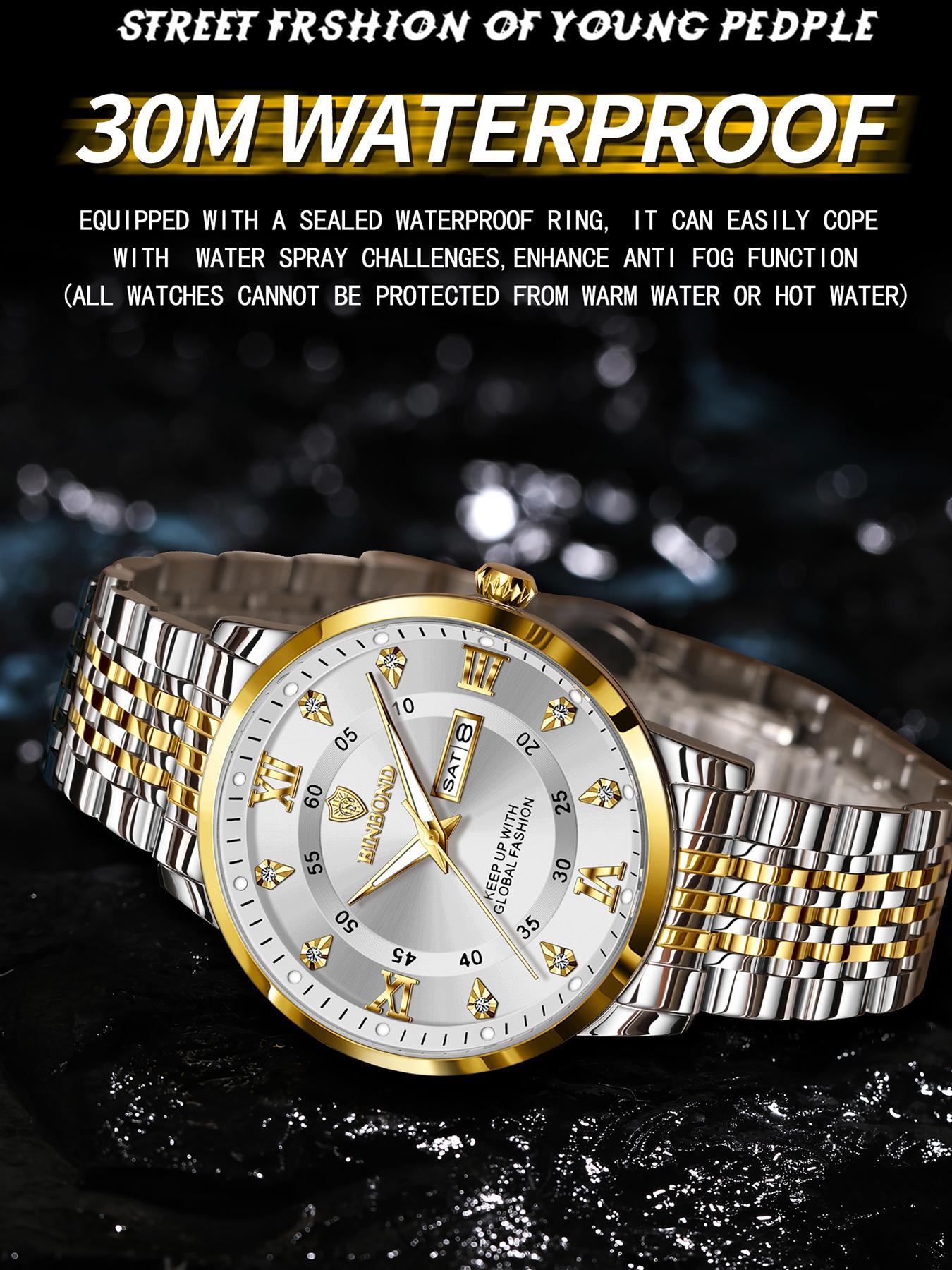 Binbond Waterproof Luminous Men's Watch, Automatic Self-Wind Quartz Wristwatch, Calendar Date Week Display, Trendy Fashion Timepiece