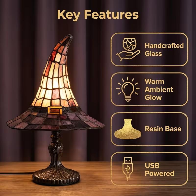 Handmade Colored Glass Witch Hat Lamp Ornament - Usb-Powered Gothic Witch Hat Lamp, Vintage Resin Decorative Light with Purple Amber Mosaic, Suitable for Halloween And Year Round Bedroom, Bookshelf, And Home Decoration