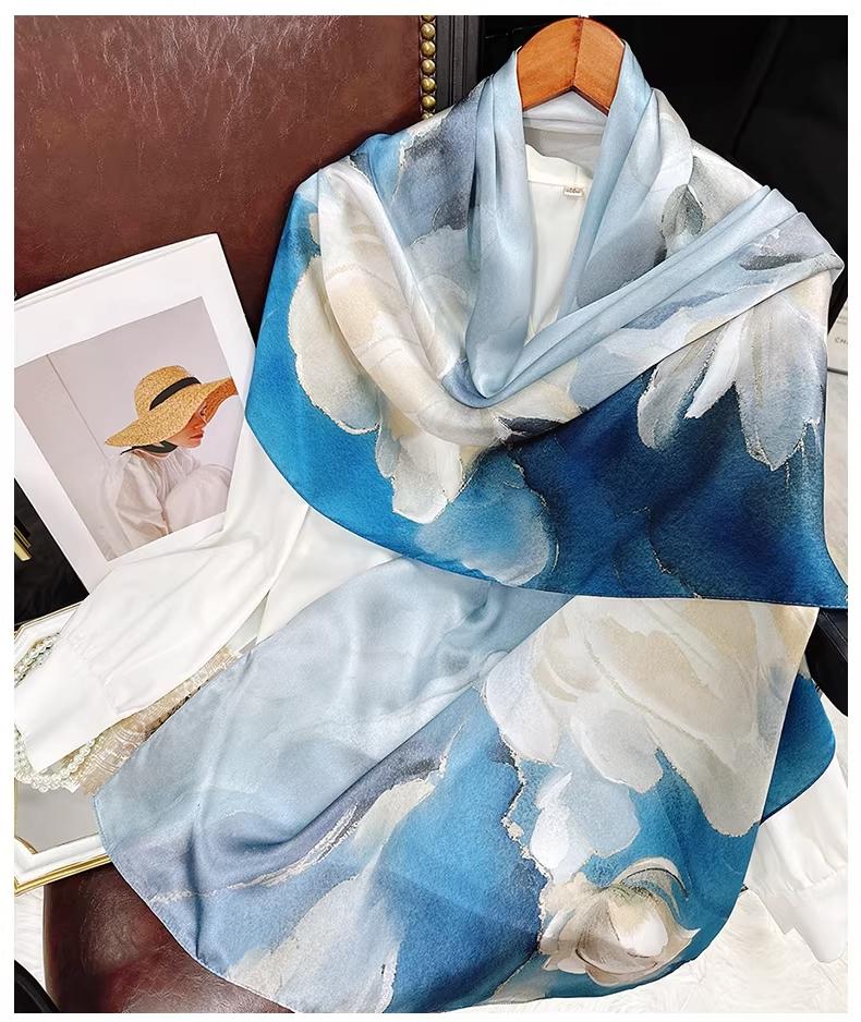 175cm*53cm Vintage Blue Silk Scarf, 100% Mulberry Silk Shawl for Women, Daily Accessory, Outing and Date, High-End Ink Painting, Gift for Mom