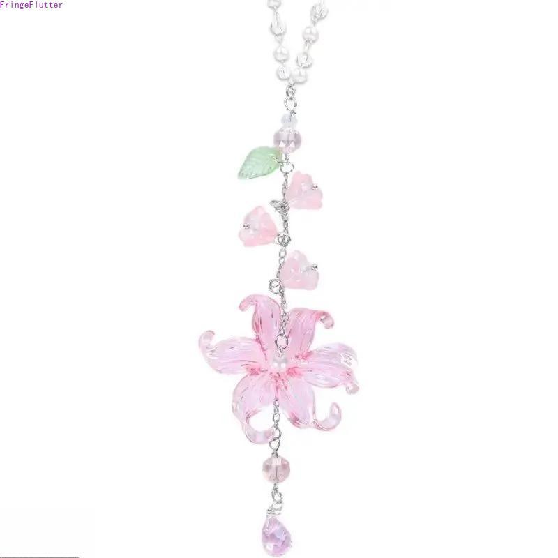 Handmade Lily of the Valley Crystal Suncatcher Car Hanging Boho Charm, Resin Beads Lotus Flower Rearview Mirror Ornament, Car Interior Accessories Unisex Gift for Drivers