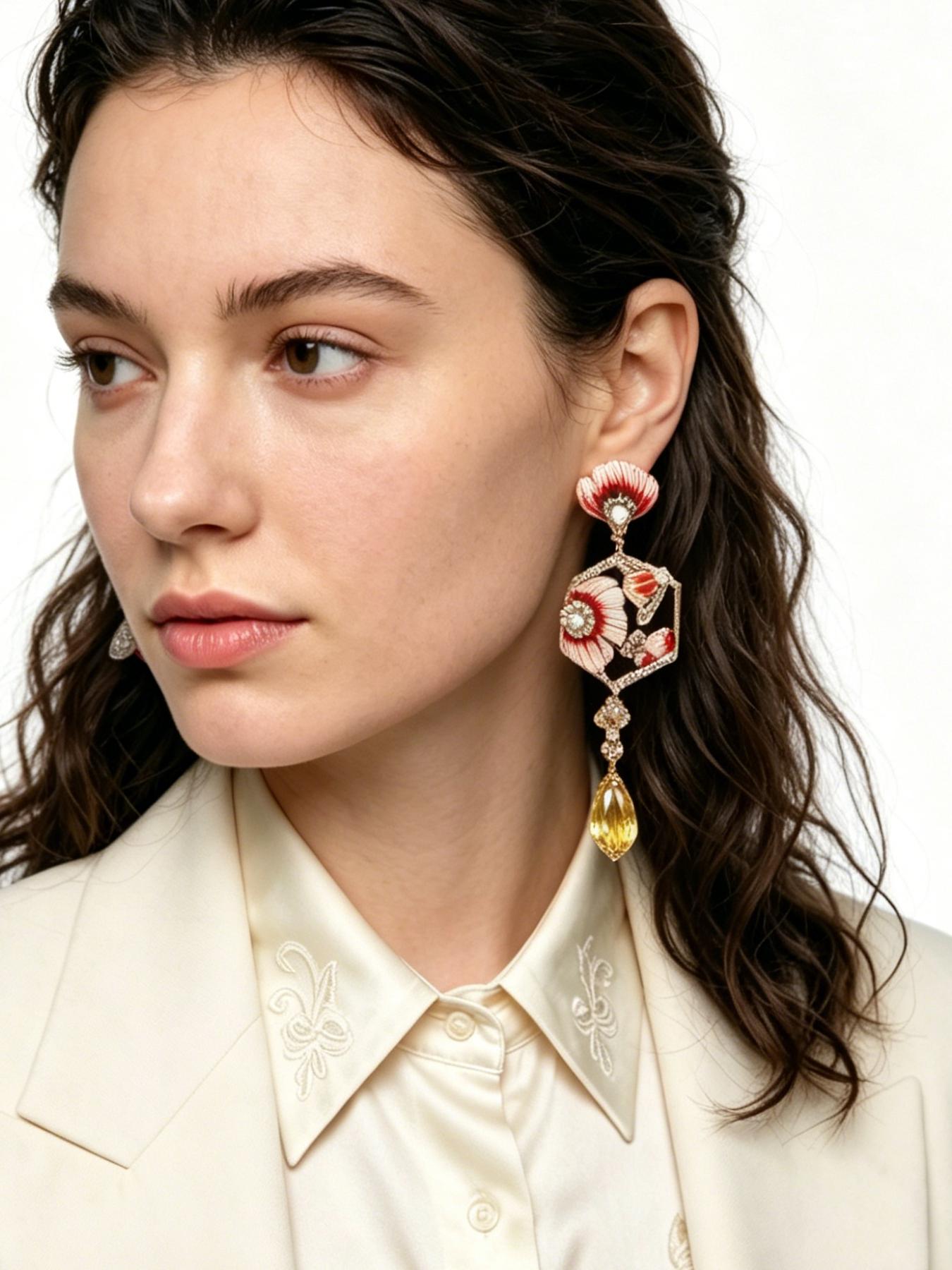 A pair of fashionable enamel floral and bee-shaped earrings with yellow crystal pendants, suitable for both daily commuting and vacation dates, and also a delightful and exquisite small gift.