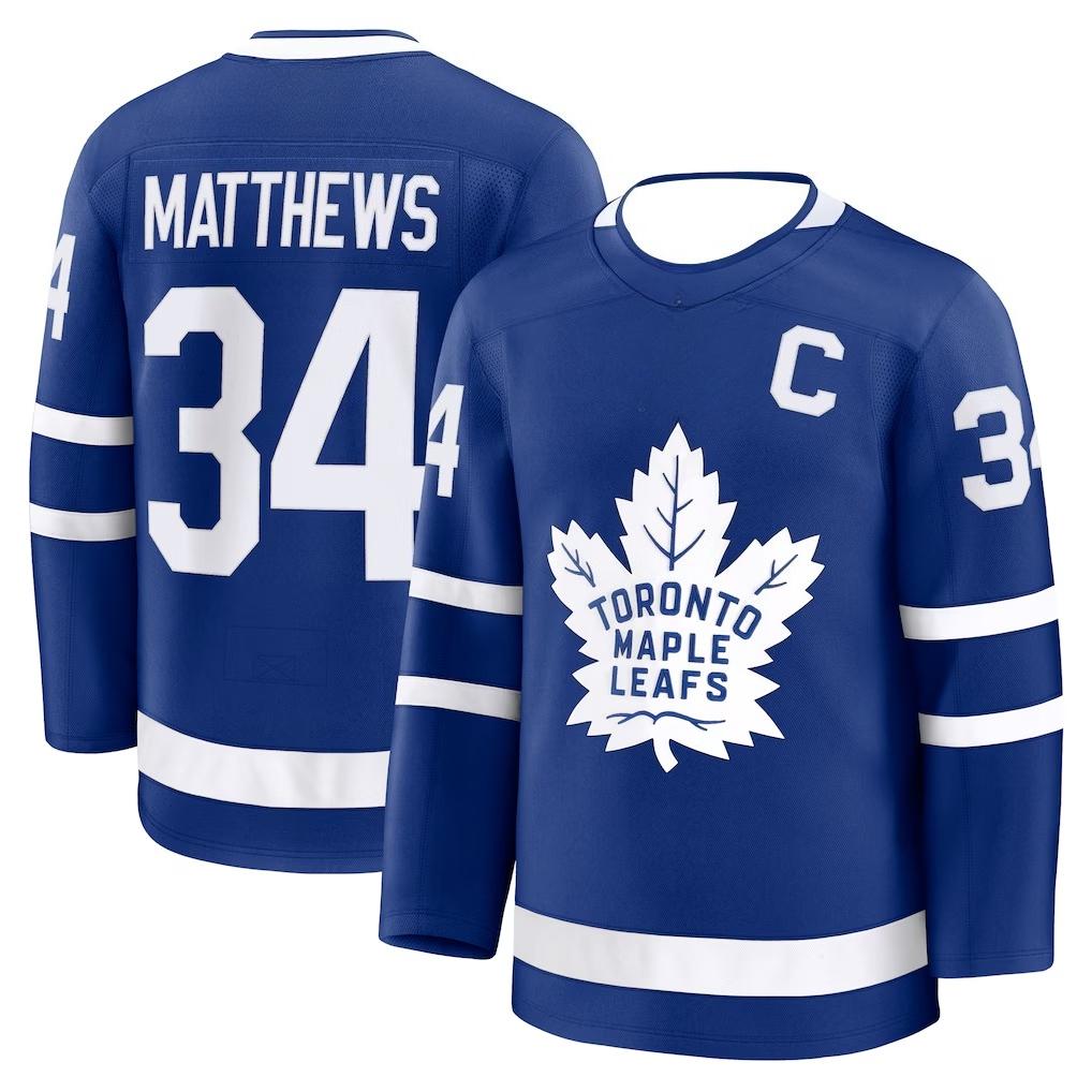 Ice Hockey Jersey - Blue with White Accents 'Matthews 34' Captain 'C' Classic Maple Leaf Logo Sports Jersey | Limitless Men's and Women's Breathable Quick-Drying Summer Leisure Sports Fashion Long-Sleeve Top