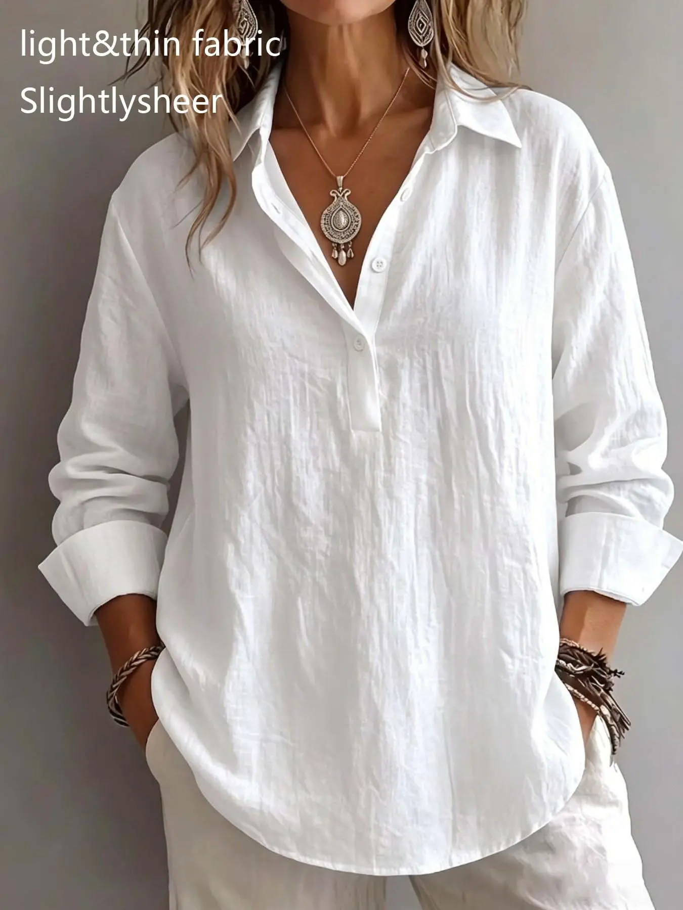 Women's Cool Vacation Style V-Neck Top, Loose Long Sleeve Half Open Front Shirt, Casual Office Wear, Comfortable Breathable Blouse, Casual Boho Breathable, Boho Cottagecore Blouse, Bohemian Attire