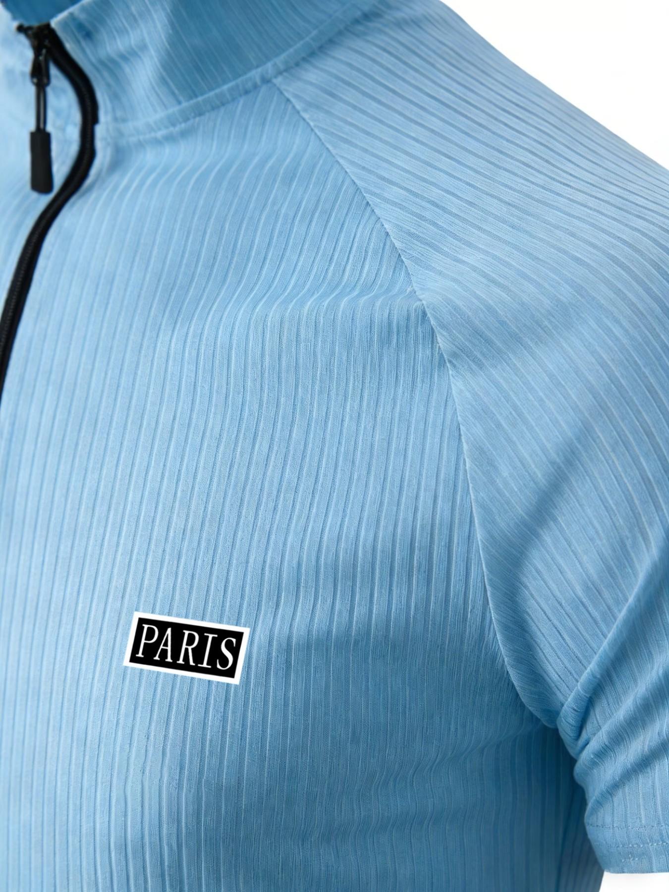 Men's Paris Stand Collar Polo Shirt, Elastic Ribbed Slim Fit, Muscle Show, Casual Sportswear, All Seasons, Loose-Fitting, Plain Pattern